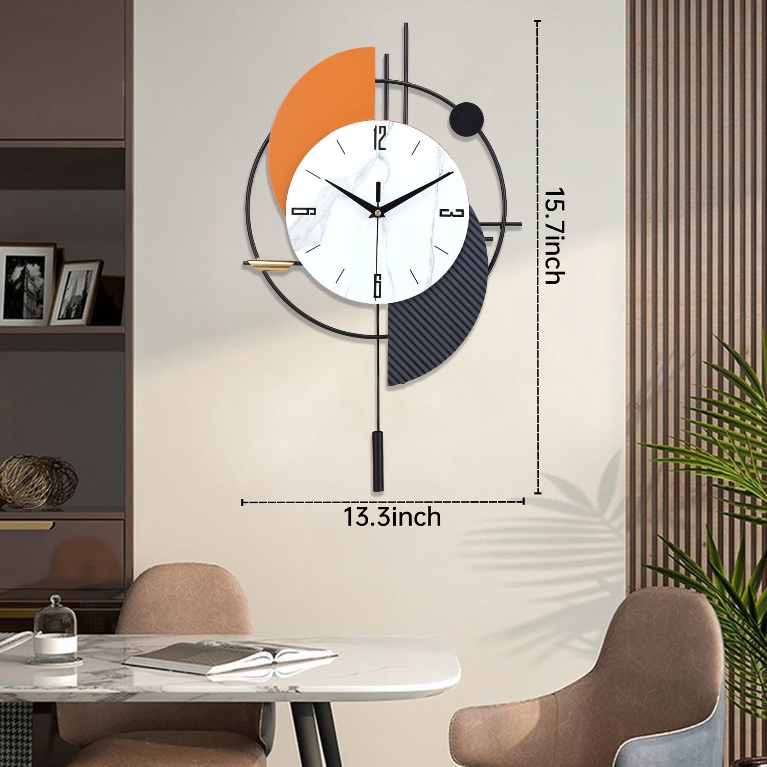 FILLOVE Large Decorative Wall Clock with Pendulum for Living Room, Metal Hands, Orange Accent White Dial, Silent Metal Wall Clock for Living Room, Bedroom, Study, Office
