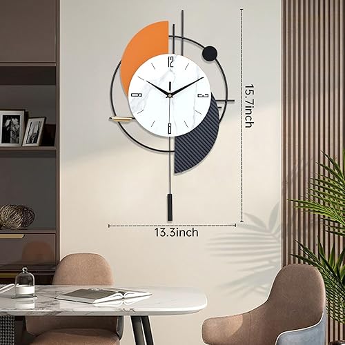Miniatura 5 de FILLOVE Reloj de pared decorativo grande con péndulo para sala de estar, manecillas de metal, esfera blanca con acento naranja, reloj de pared de