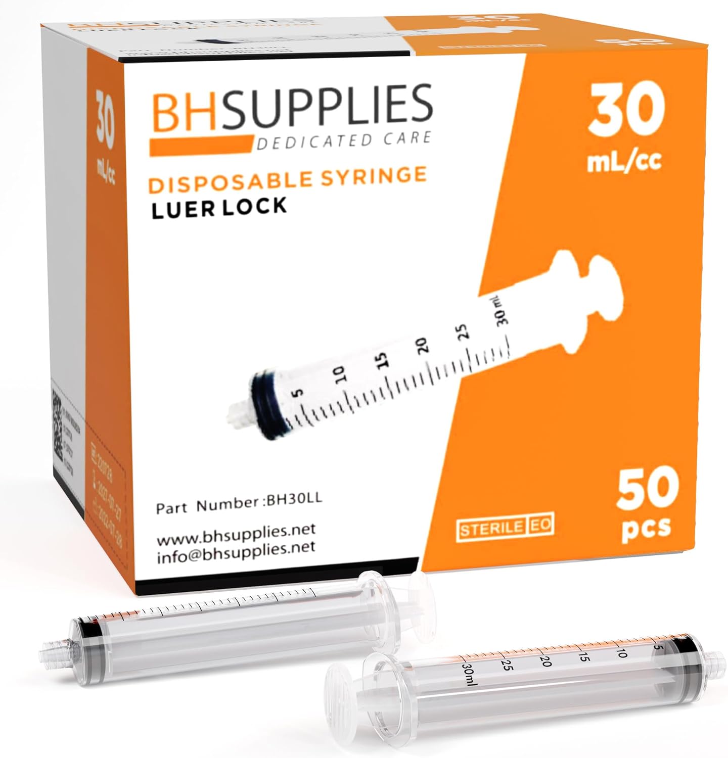 Bulk Case: BH Supplies 30mL Sterile Luer Lock Syringe - Individually Wrapped (600 Syringes, 12 Boxes of 50 Units)