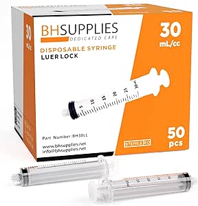 BH Supplies 30ml Luer Lock Tip Syringes (No Needle) - Sterile, Individually Wrapped - 50 Syringes