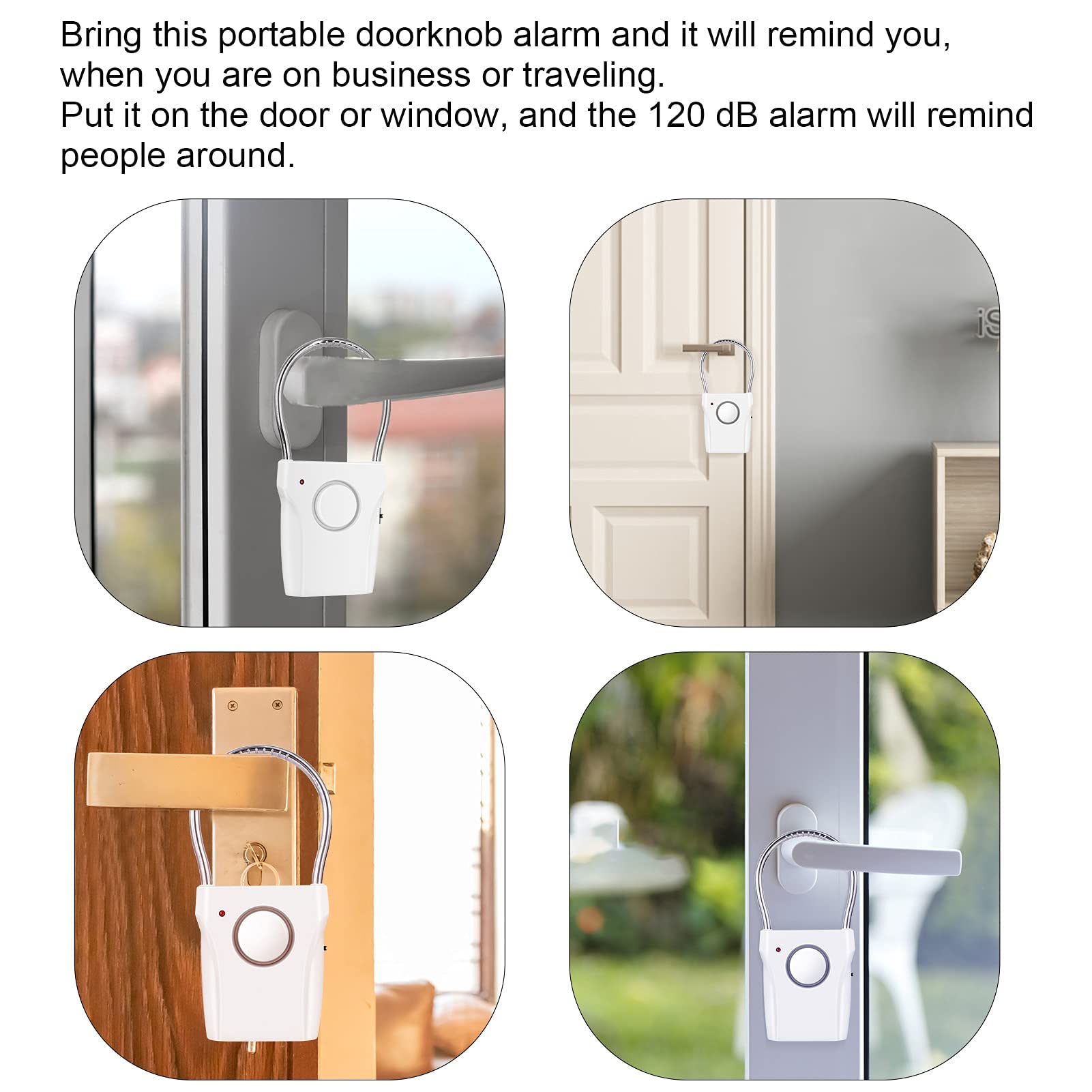 Confezione da 4 allarmi portatili per maniglia della porta, allarme di sicurezza a vibrazione da 120 dB con 3 livelli di sensibilità regolabili, allarme antifurto per la sicurezza di viaggi, hotel