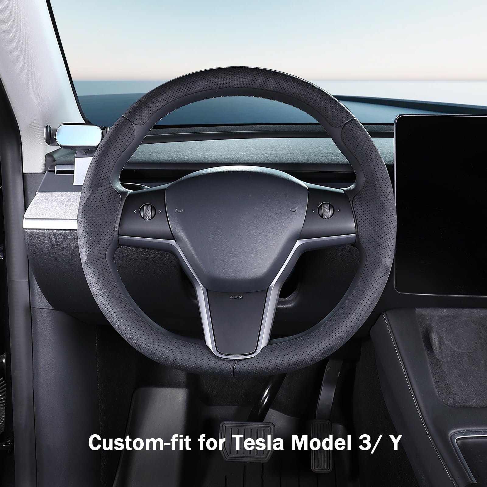 Funda de Volante para Tesla Model 3 2020-2024 Tesla Model Y 2017-2023, Funda de Cuero para Volante para Tesla Model 3/Y, Accesorios Color Negro | Funda de cuero para volante para Tesla Model 3/Y, accesorios color negro