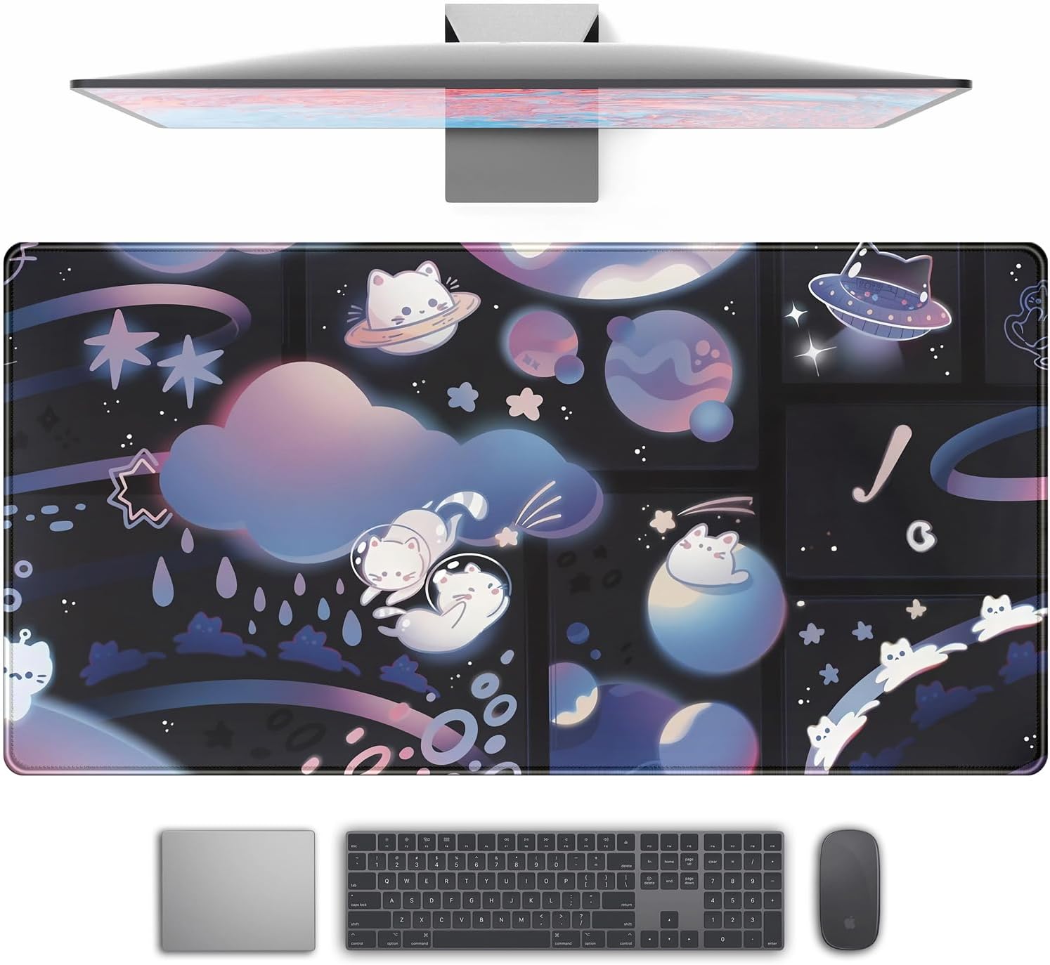 Cats in Space Cute Desk Keyboard and Mouse Pad Xl Extended Large Gaming Mouse Pad - Cat Desk Pad Gamer Girl Desk Accessories - Computer Laptop Keyboard and Mouse Mat Desktop Protector - 31.5 X 15.7 In