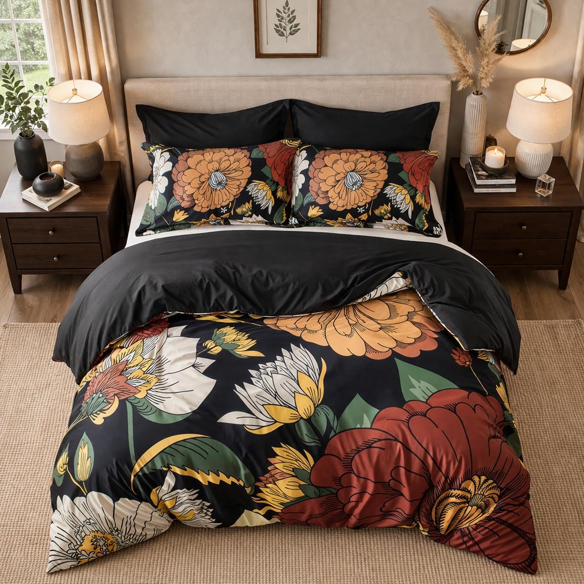 Tyrot Black Boho Floral King Comforter Set - 3 Piece Farmhouse Botanical Bedding Comforter Sets for All Season Soft Lightweight Mid Century Bed Set, (1 Reversible Comforter and 2 Pillow Shams