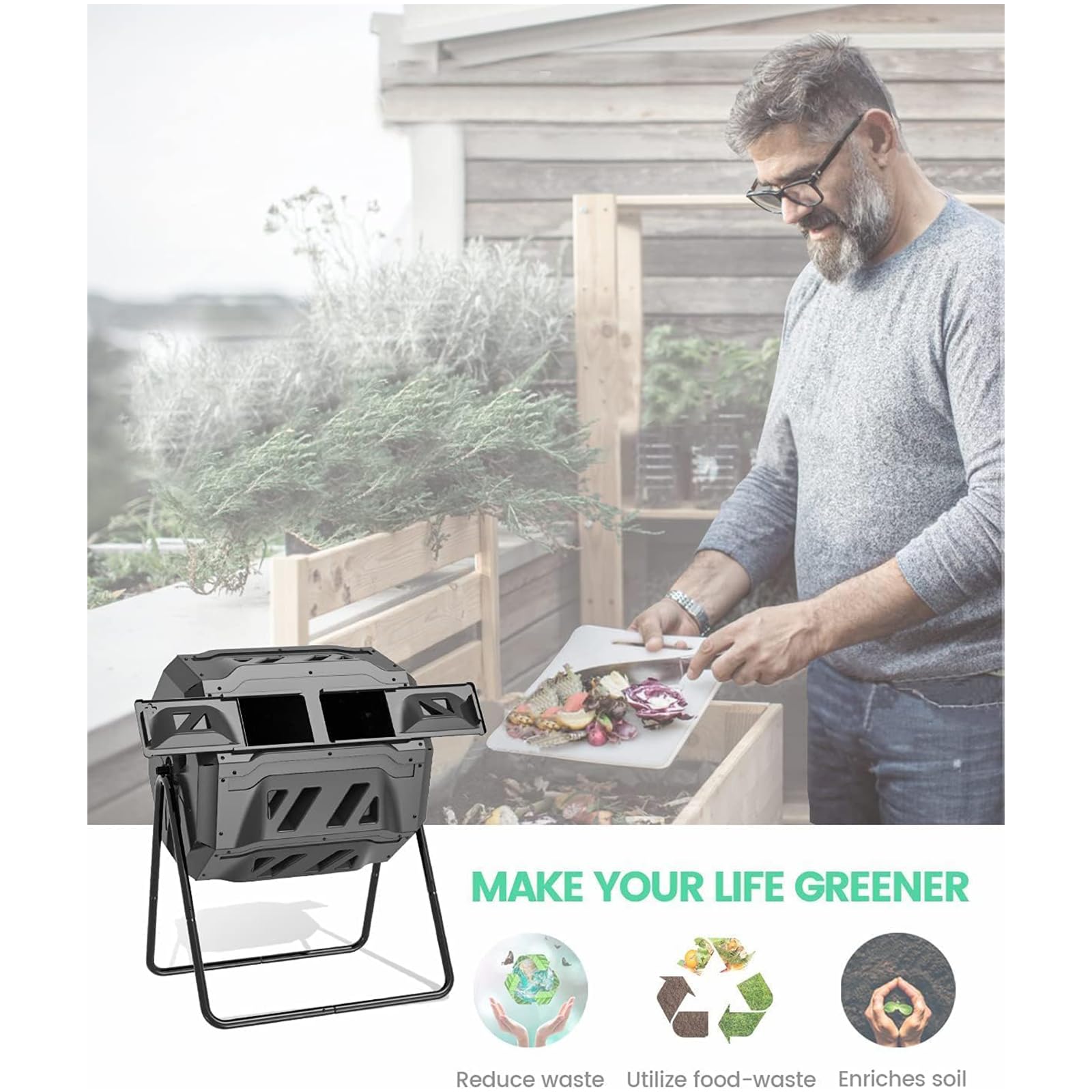 SQUEEZE master Contenedor de abono giratorio de doble cámara de 160 litros, compostador de jardín giratorio resistente, compostaje más rápido con mejor circulación de aire, vaso de compost giratorio