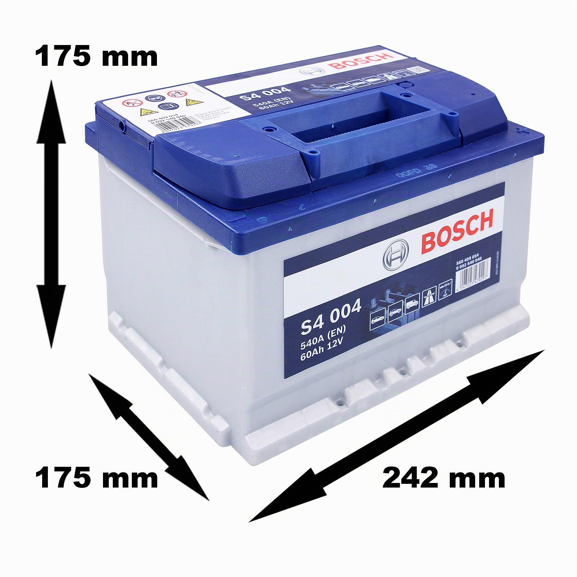 BOSCH Batería 60, Ah 540, A/EN 0 092 S40 040 L 242mm B 175mm H 175mm Compatible con FORD Fiesta Mk6 Hatchback CB1, CCN, JA8, JR8 MONDEO IV Turnier BA7, OPEL Corsa D Hatchback S07, SUZUKI