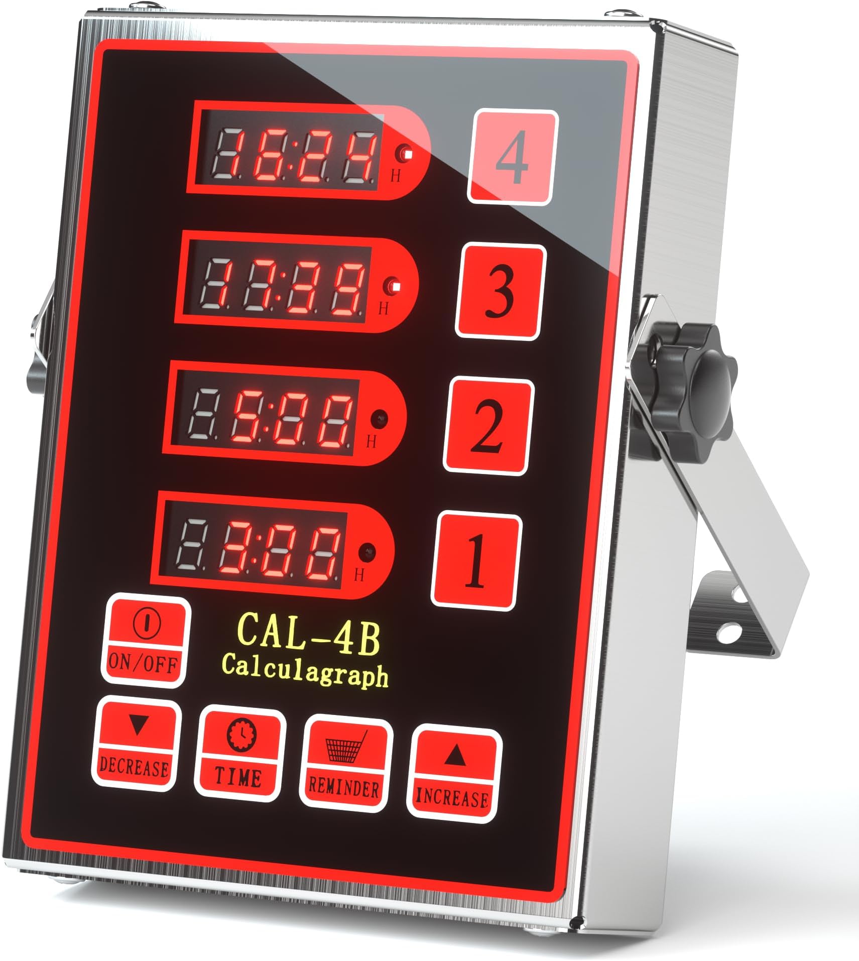 Commercial Kitchen Timer, 4-Channel Digital Timer for Cooking, Loud Alarm Volume +/-, Food Truck Restaurant Supplies, Heavy Duty Stainless Steel Large Timers with Waterproof Panel & Memory Function