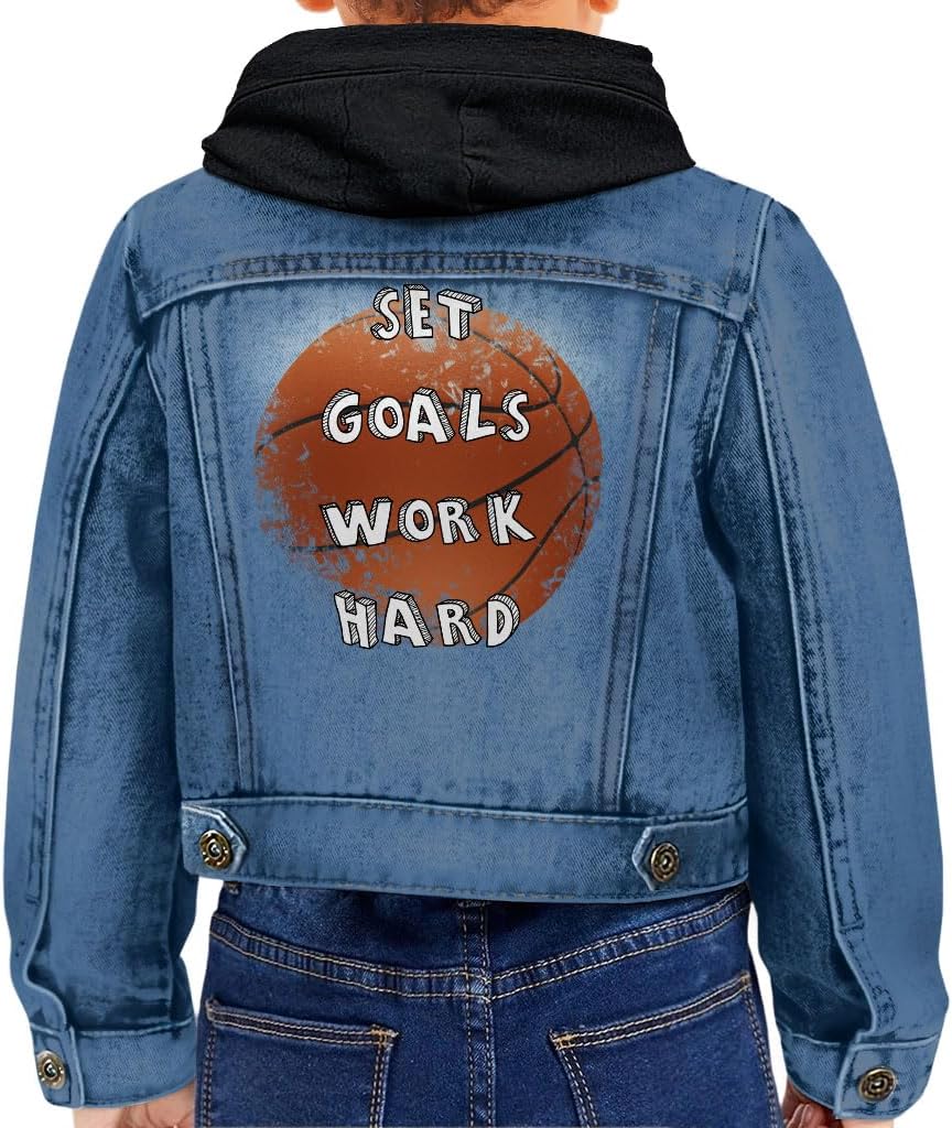 Set Goals Work Hard Toddler Hooded Denim Jacket - Basketball Lovers Gifts - Boys Clothing