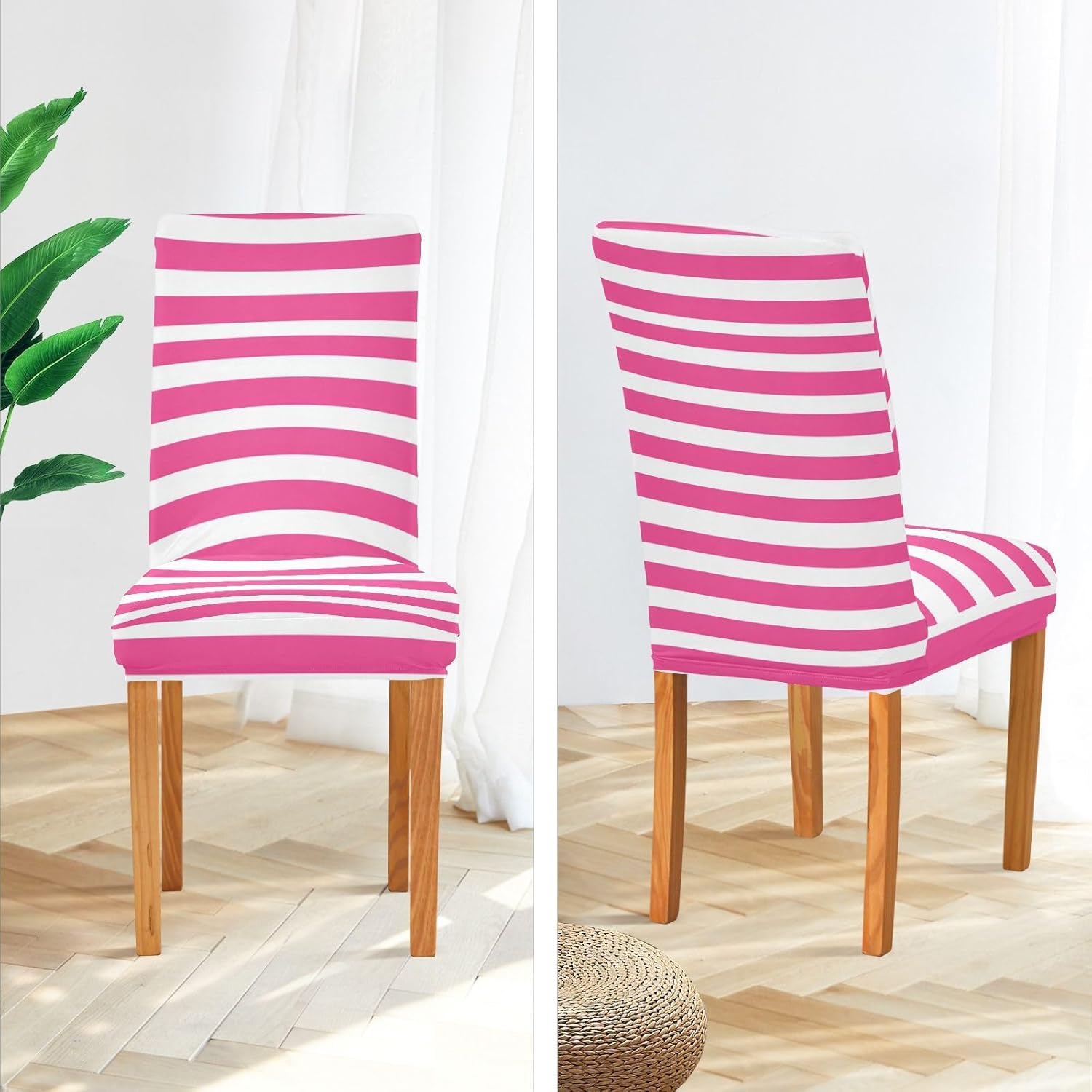 ALAZA Chair Covers for Dining Room, Pink White Striped Stretch Chair Cover Sets Chair Protector Removable Washable for Ktichen Restaurant Hotel