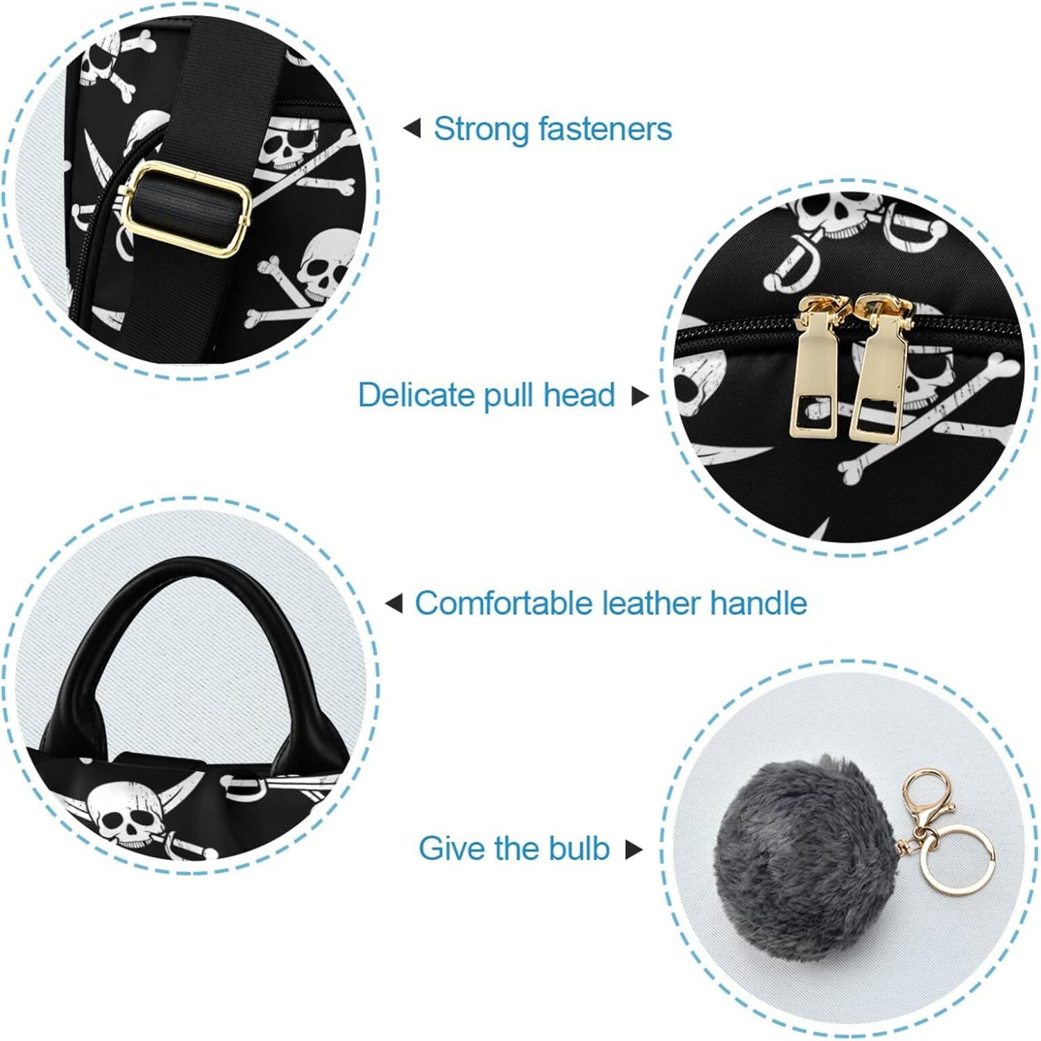 CBBYY Pirate Skull Backpack Purse for Women Nylon Anti-theft Travel Backpack Lightweight Shoulder Bag with Plush Ball Keychain