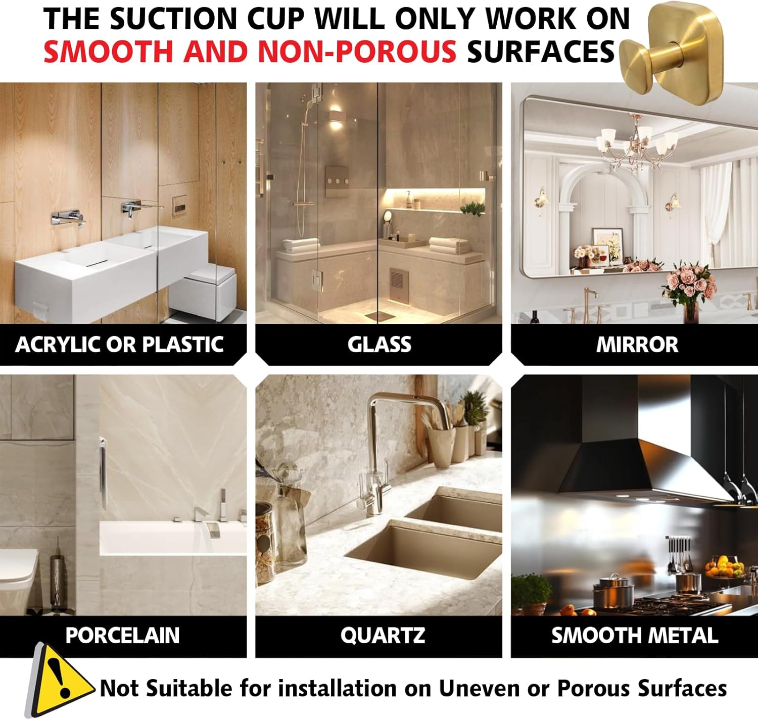 Heavy Duty Square Suction Cup Hooks for Shower Bathroom No Drill Strong Hold Glass Wall Hooks Reusable Towel Robe Holder and Christmas Wreath Hanger Gold 4 Pack