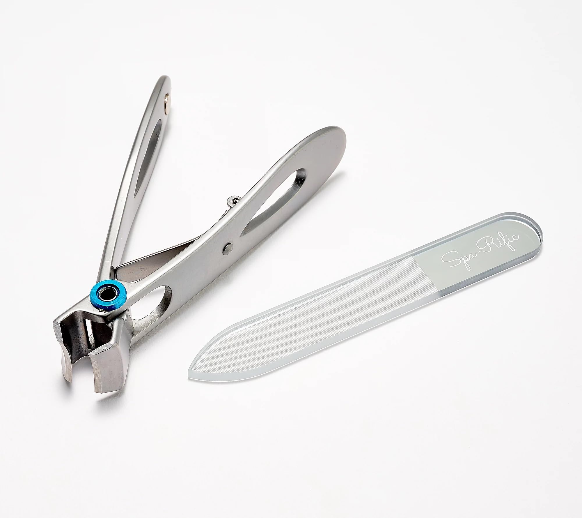 Spa-Rific Juego de 3 cortaúñas ergonómicos de mandíbula ancha y lima de uñas grabada con láser de nano vidrio, acero inoxidable
