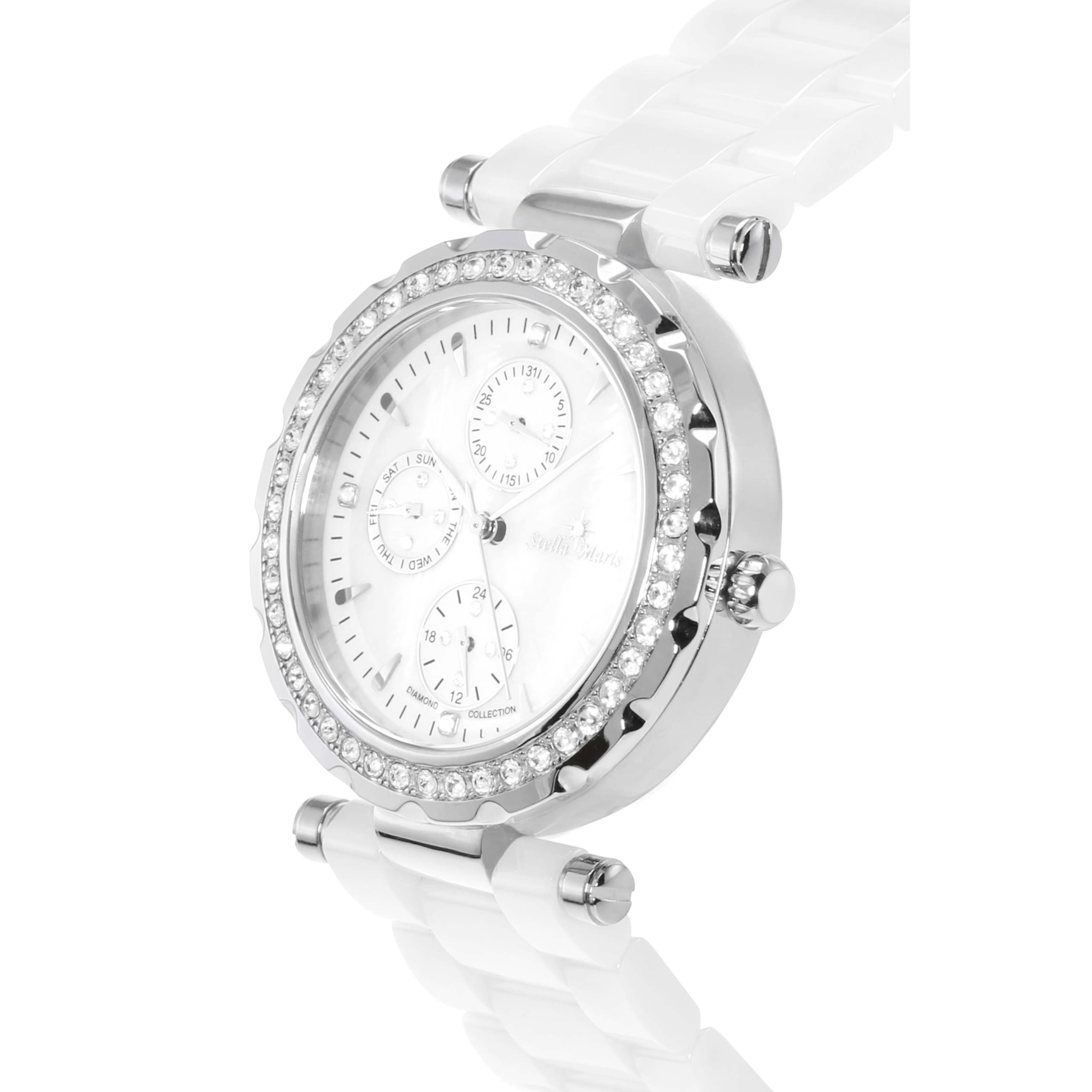 Stella Maris Damen Armbanduhr Analog Quarz Uhr Stilvolle Elegante Damenuhr Frauenuhr Weiß Silber Premium Keramik Armband Diamanten Swarovski STM15R1