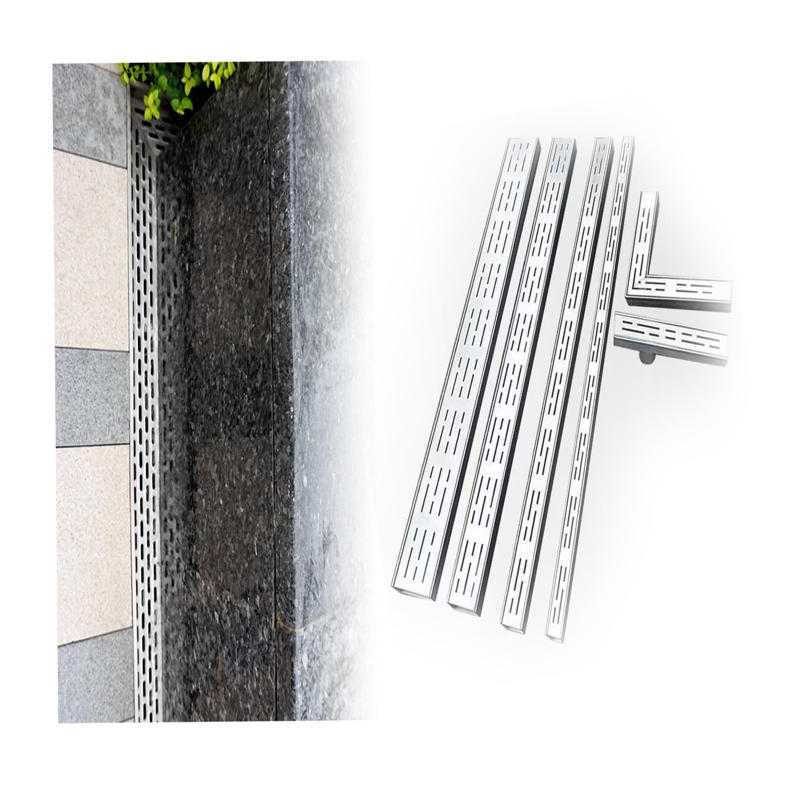GJZQDKX Drainage Channel System Narrow Rectangular Water Diverter with Metal Grate/Plate for Terraces Patios and Garage - Efficient Rainwater Management Solution