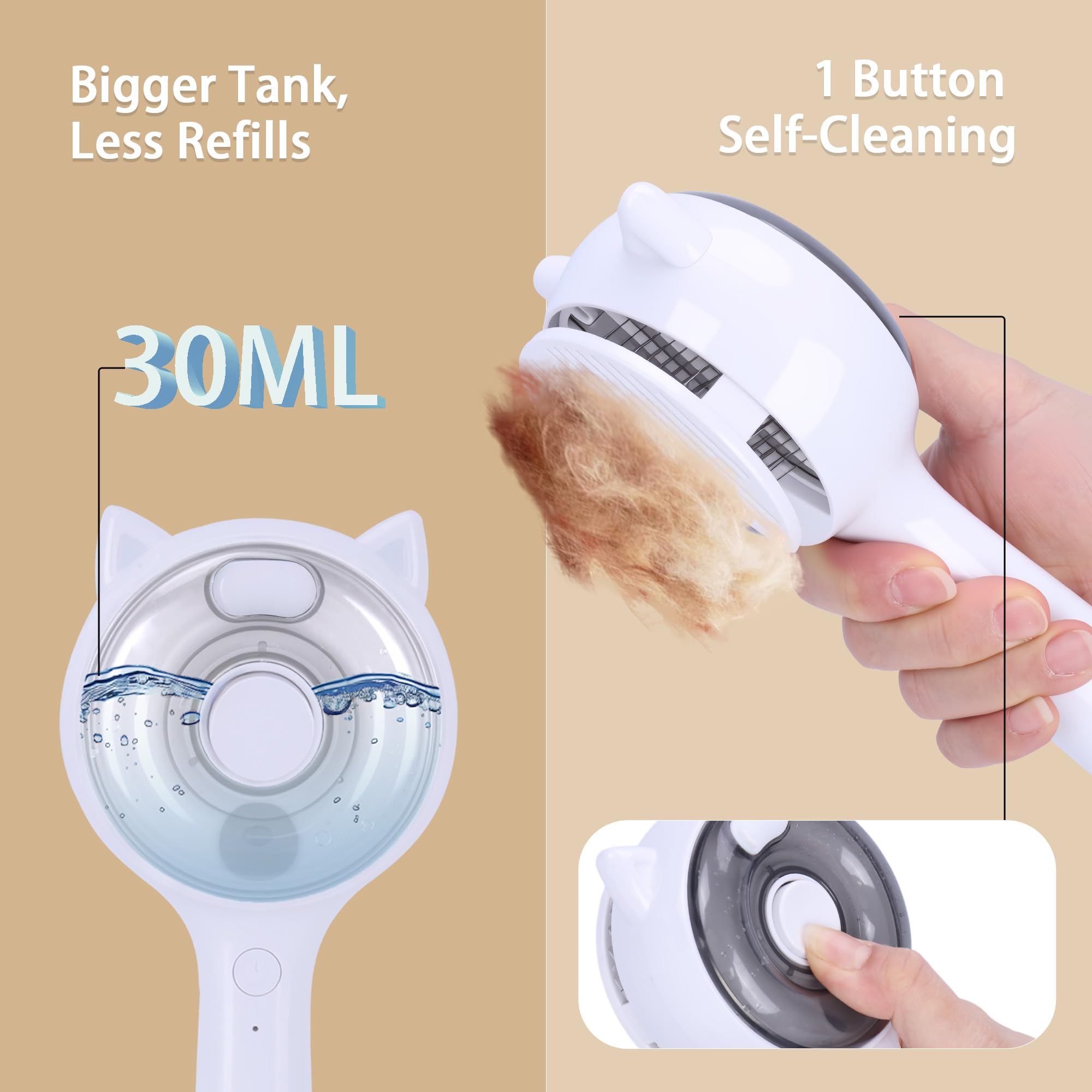Spazzola a vapore per cani e gatti, pettine 3 in 1, riduce lo spargimento, setole morbide, favorisce la salute del cappotto, include shampoo senz'acqua, bianco