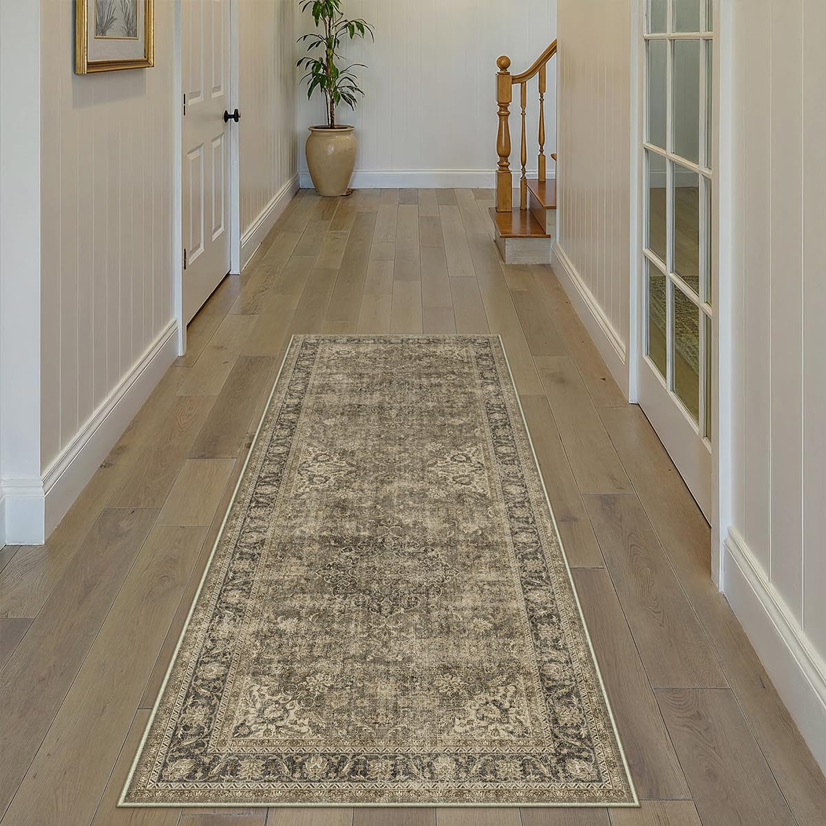 WondRg 2x7 Washable Brown Runner Rug Vintage Hallway Kitchen Carpet Non-Slip Soft Low Pile Distressed Throw Rug for Bedroom Bathroom Laundry Living