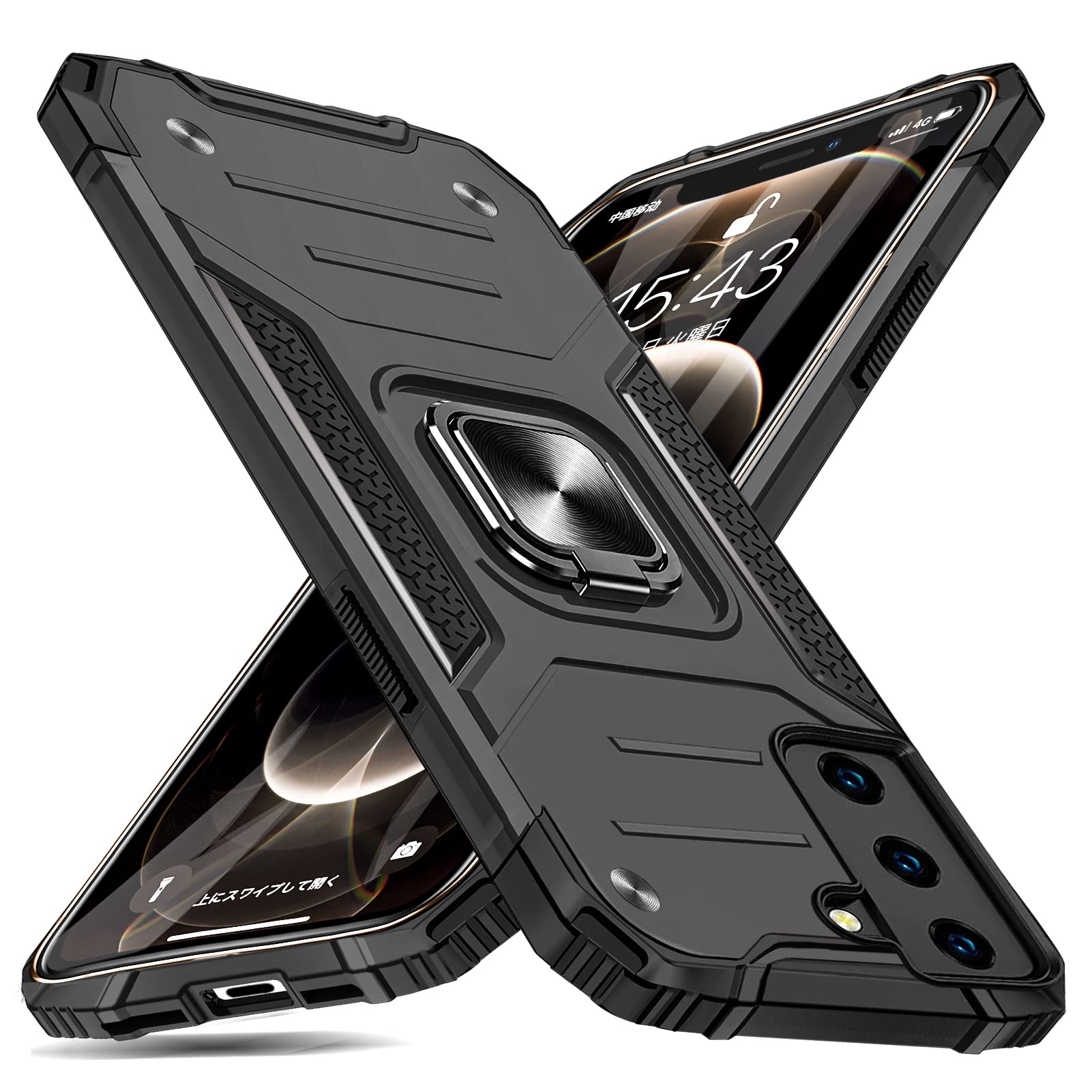 Galaxy S22 ケース リング 衝撃吸収 耐衝撃 落下防止 米国軍事MIL標準取得 スタンド機能 PC+TPU 二重構造 防塵 薄型 軽量 一体型 360度回転 全面保護カバー サムスン ギャラクシーs22ケース 黒 MJJ-SJ-1051-35-01
