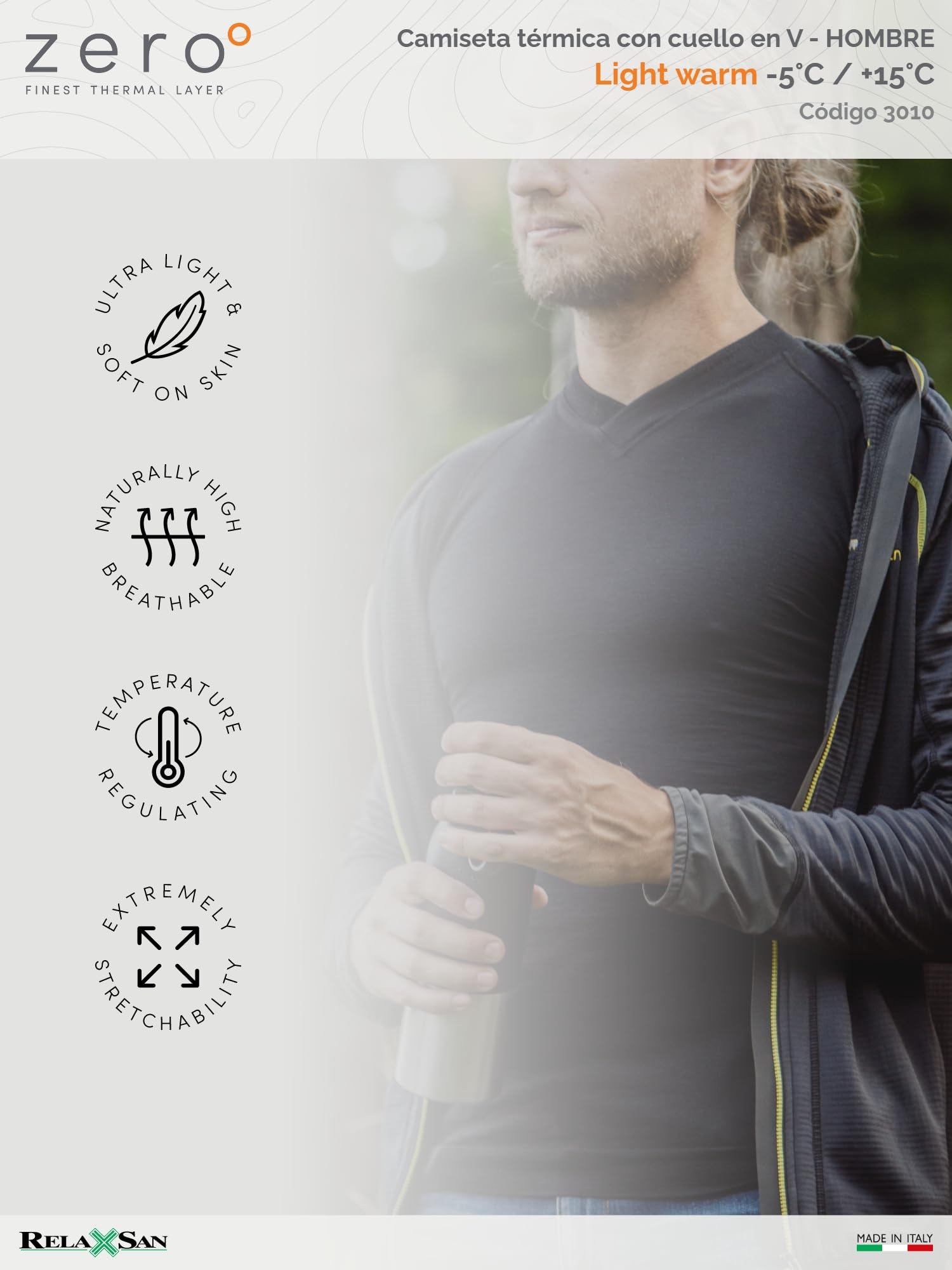 Relaxsan Zero 3010 – Camiseta Térmica Hombre Manga Corta Ropa Interior en Lana Merino y Fibra Dryarn
