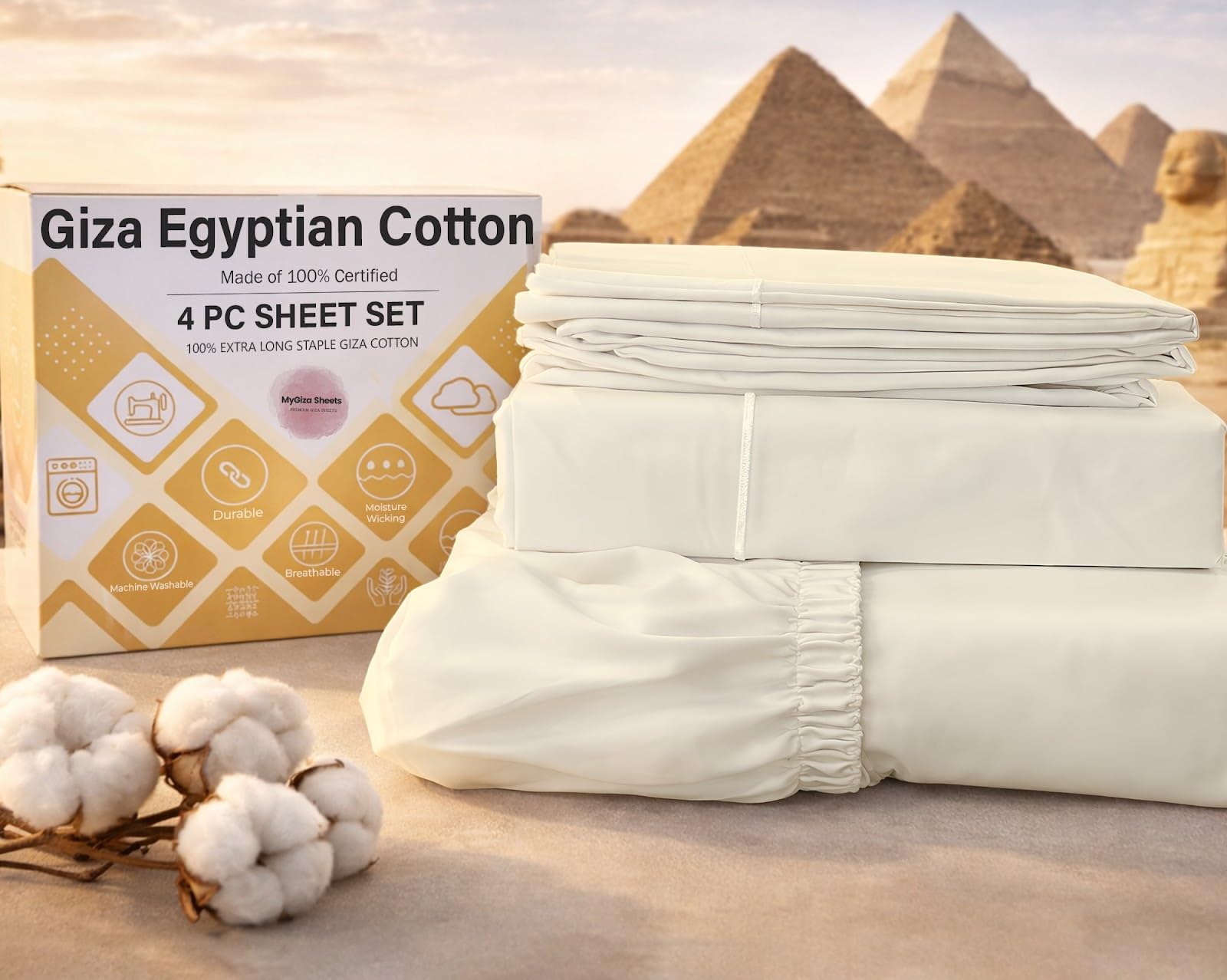 MyGiza Sheets 4 Pcs Twin Sheet Set, 100% Certified Giza Egyptian Cotton, Soft & Luxury Sheets fits 15 Inches Deep Mattress, Ivory