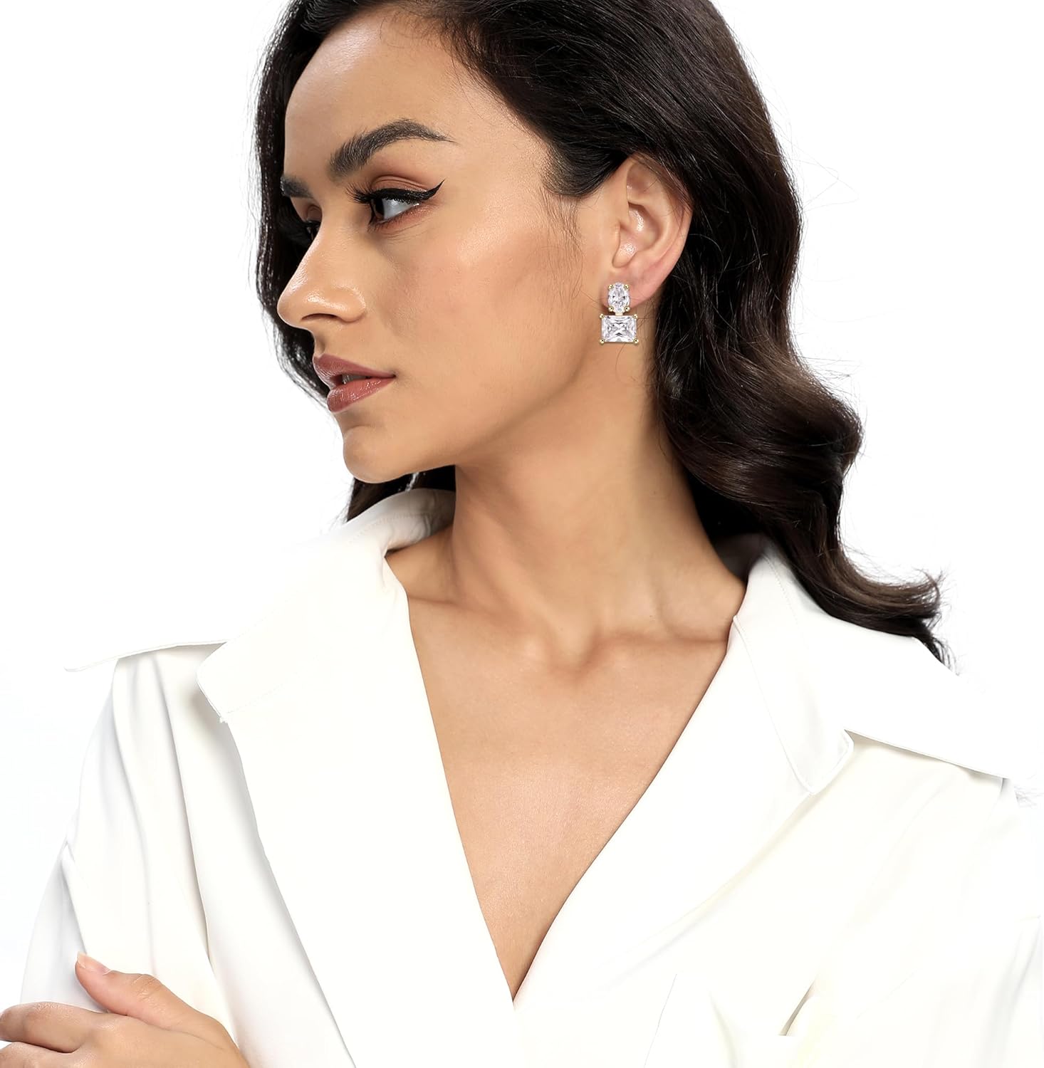 MDFUN 18K Yellow Gold-Plated Cubic Zirconia Stud Earrings for Women – Oval Rectangle CZ Hypoallergenic Earrings - Image 5