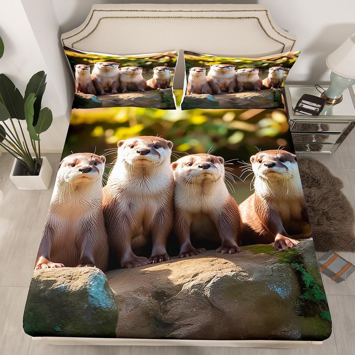 Kids Sea Otter Fitted Sheet 3D Wild Animal Bed Sheet Set for Girls Boys Bedroom Otter Family Print Decor Deep Pocket Fitted Sheet Super Soft Bedding