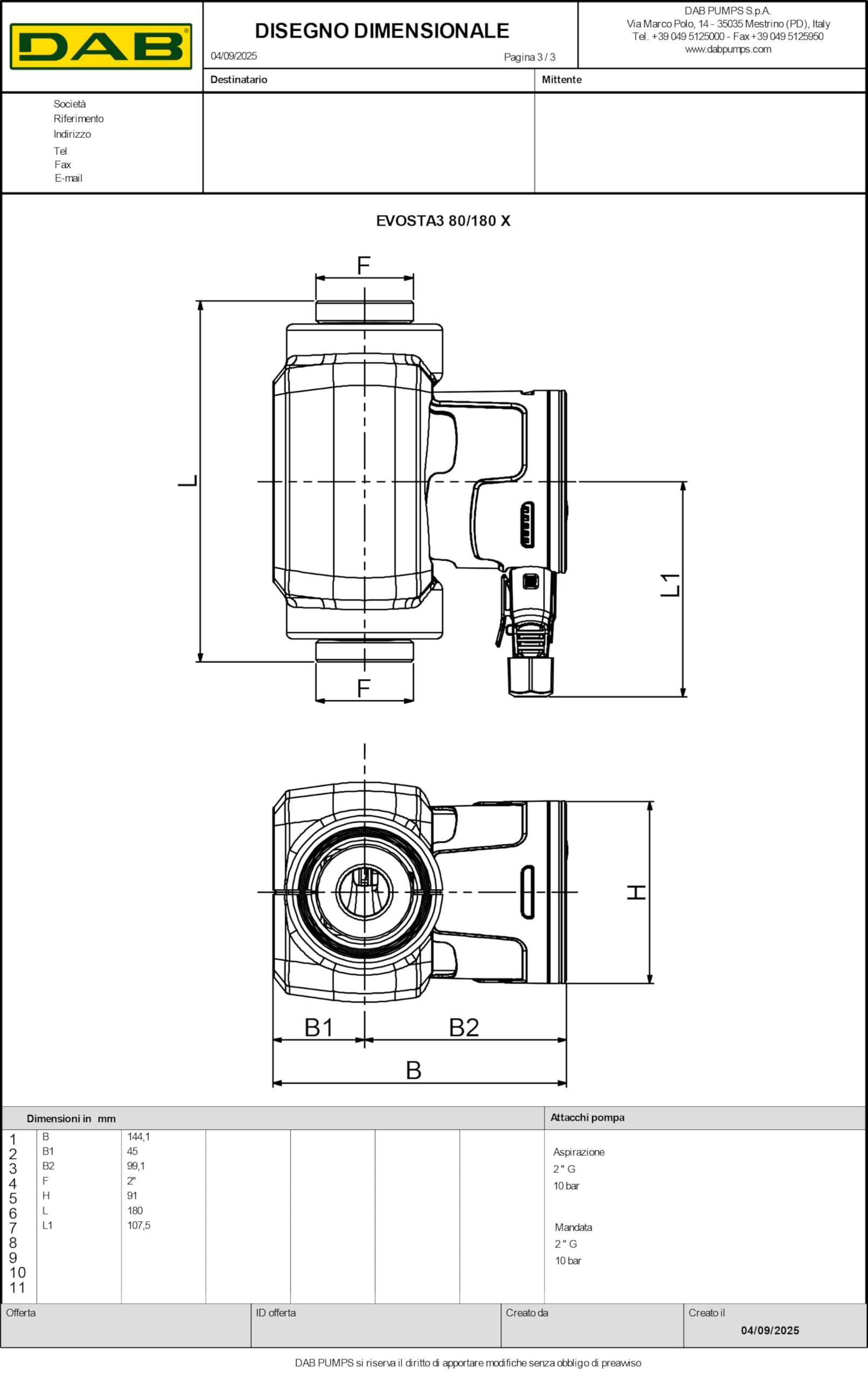 Circulateur DAB Evosta 3 80/180 (1"1/4) avec raccords de pompe filetés G 2" pour systèmes de chauffage et de climatisation