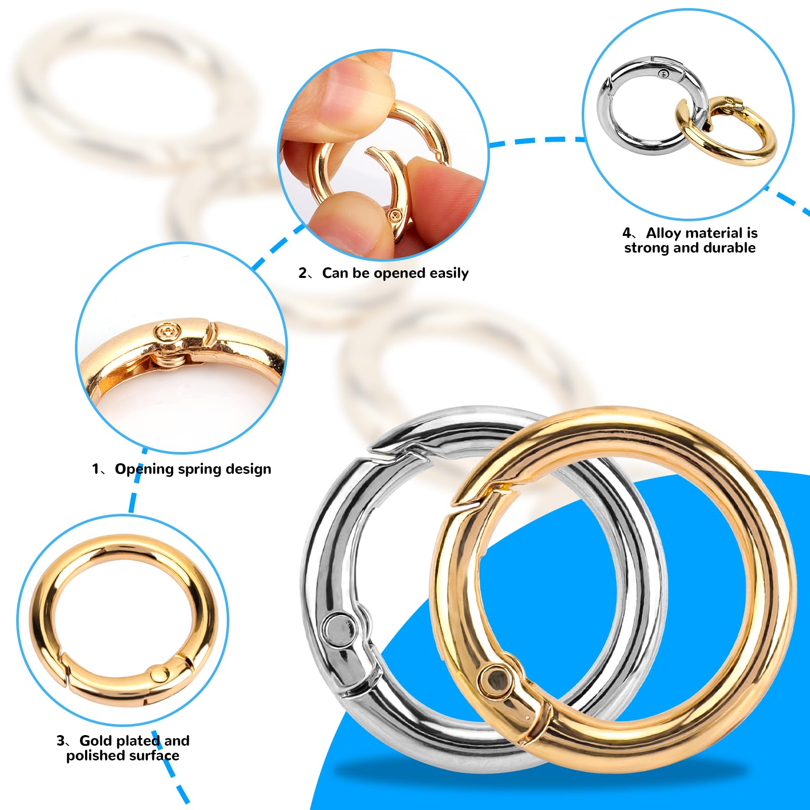 30 Pezzi Scatto Molla Rotonda, Accessori per Borse Uncinetto, 25mm Moschettone per Borse, Fibbia Portachiavi, Anelli per Borse, Zaini Portafogli, Artigianato, Bagagli Cinghie (Argento&Oro)