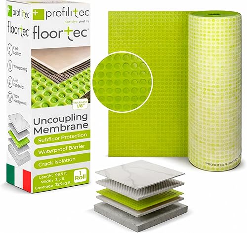 Profilitec Floortec - Aislamiento de grietas antifractura de 1/8 pulgadas, desacoplamiento, impermeabilización, membrana translúcida, rollo de 323