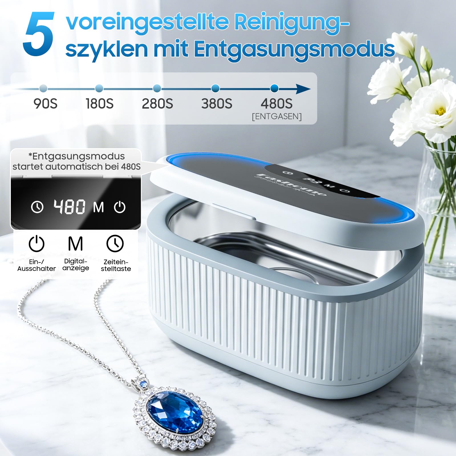 Fashome Ultraschallreiniger mit 2×100 ml Reinigungsflüssigkeit, 45 kHz 3 Modi, 550 ml Edelstahltank, für Schmuck, Brillen, Uhren & Zahnersatz, Reinigungskorb & Uhrenhalterung – mit Geschenkbox