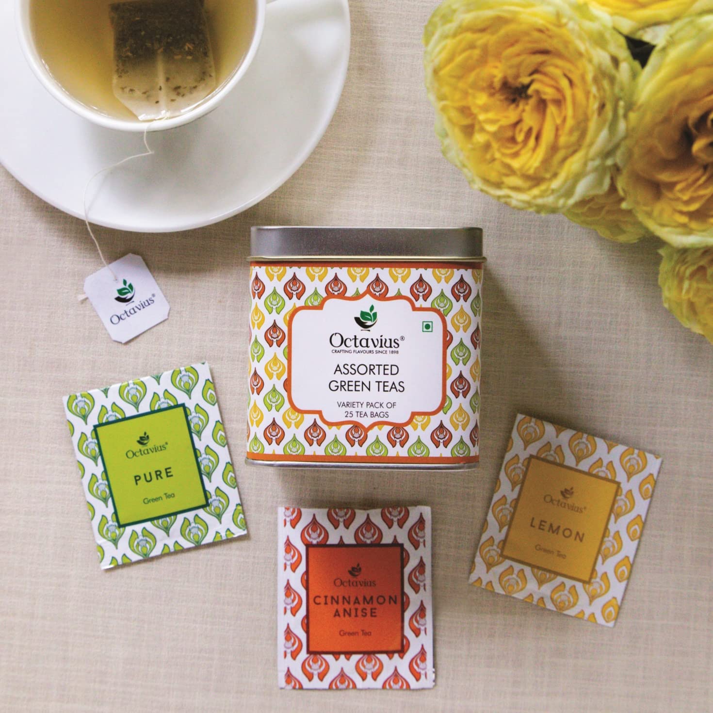 Octavius Assorted Green Tea -25 Tea Bags | Tea Gift Sets | 3 Assorted Green Tea | Cinnamon Anise, Pure Green, Lemon | Tea Gift Tin Pack | Gift Box | Tea Gift Box | Tea Gift - Image 4 thumbnail