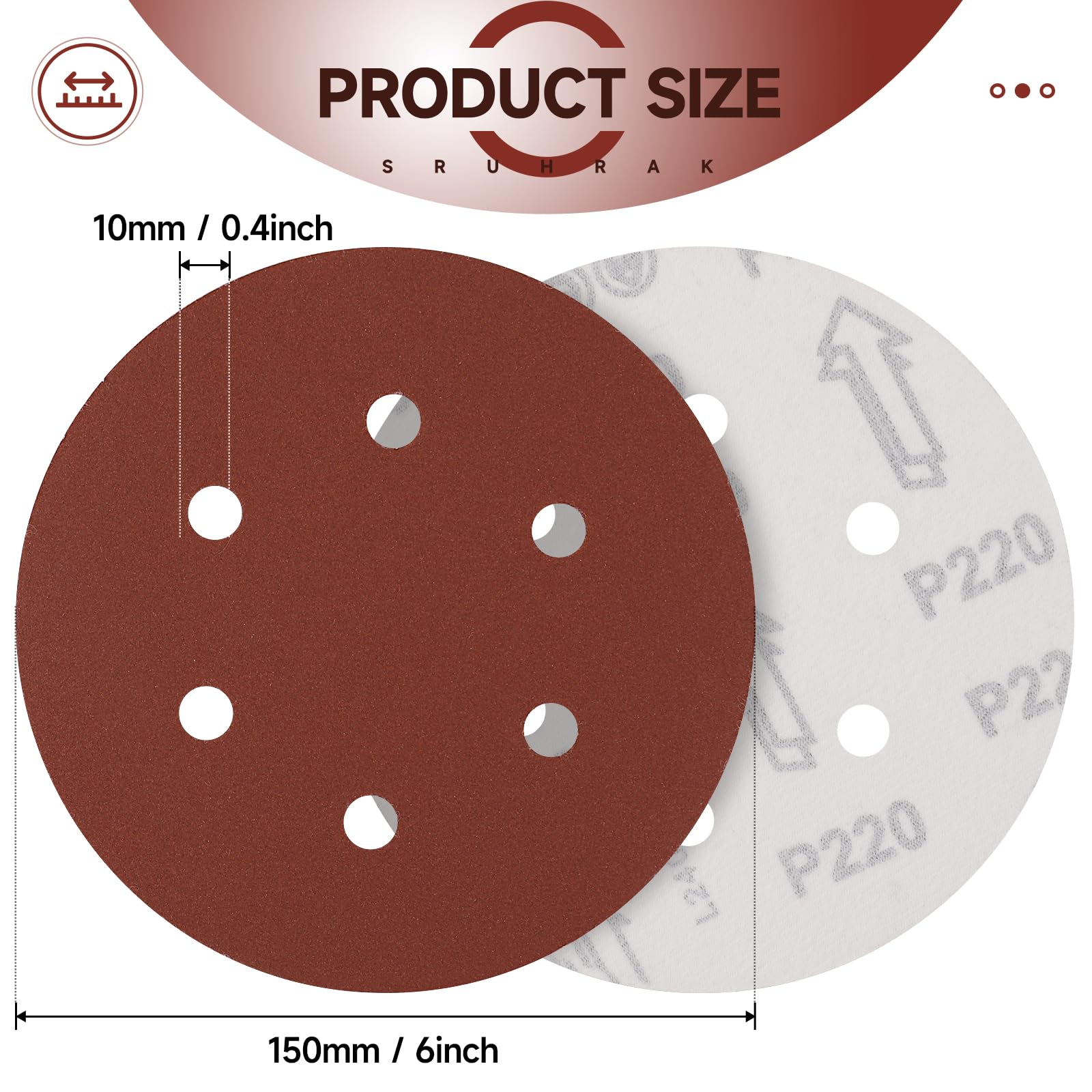 Discos de Lijado 100 Piezas, Juego de Almohadillas de Lijado, 8 Almohadillas con Orificios, Papel de Lija con Gancho y Bucle for lijadora Orbital aleatoria(150mm,220 Grit)