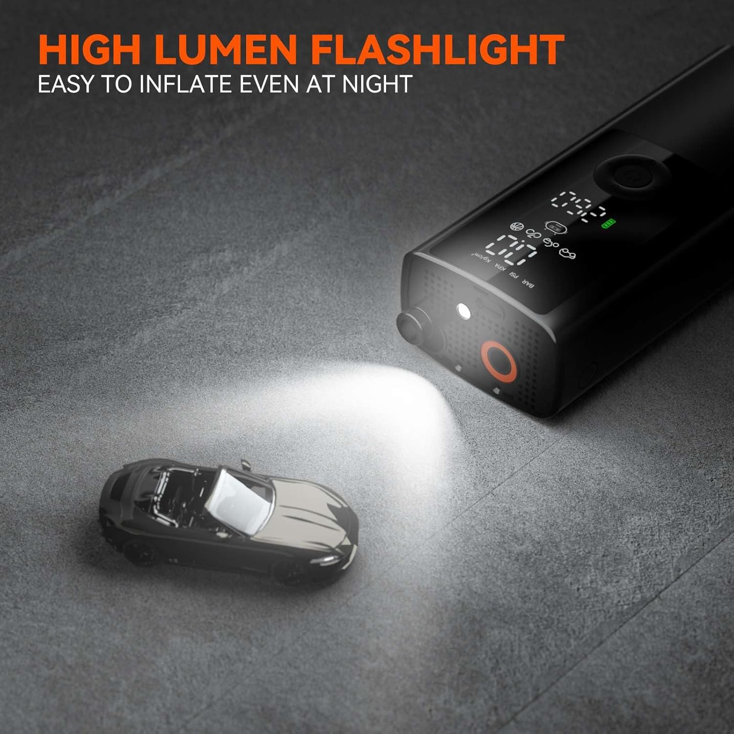 Tire Inflator Portable Air Compressor - Air Pump for Car Tires with Digital Pressure Gauge, LED Light and Auto Shut-Off Function - Cordless Pump for Car, Motorcycle, Bicycle, and More.