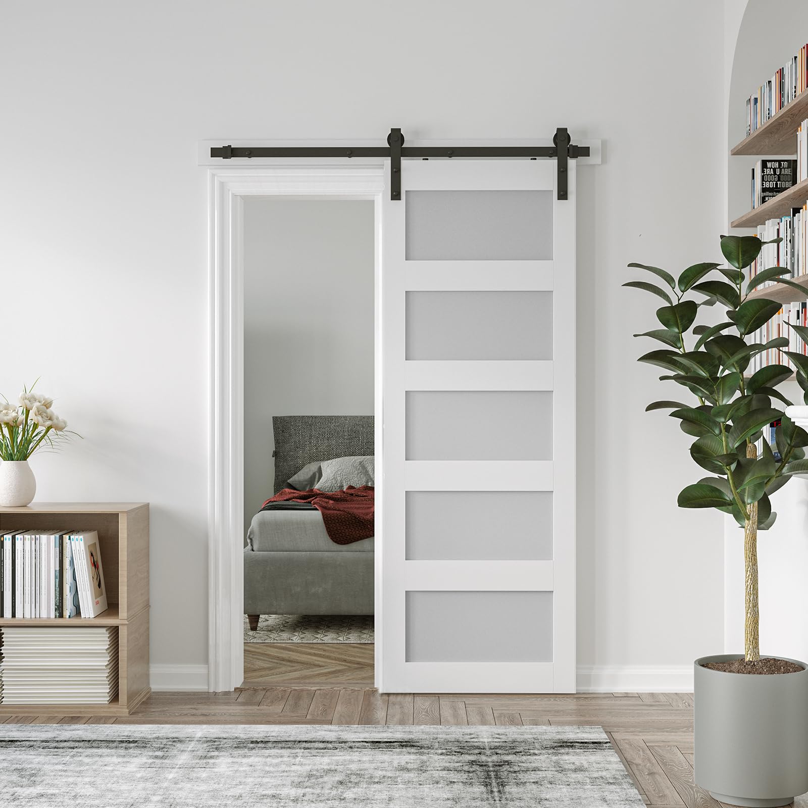 COSHOMER 30in x 84in Sliding Glass Barn Door, Pre-Drilled Holes Easy Assembly - Barn Door Slab Inside Covered with Water-Proof PVC Surface, MDF White