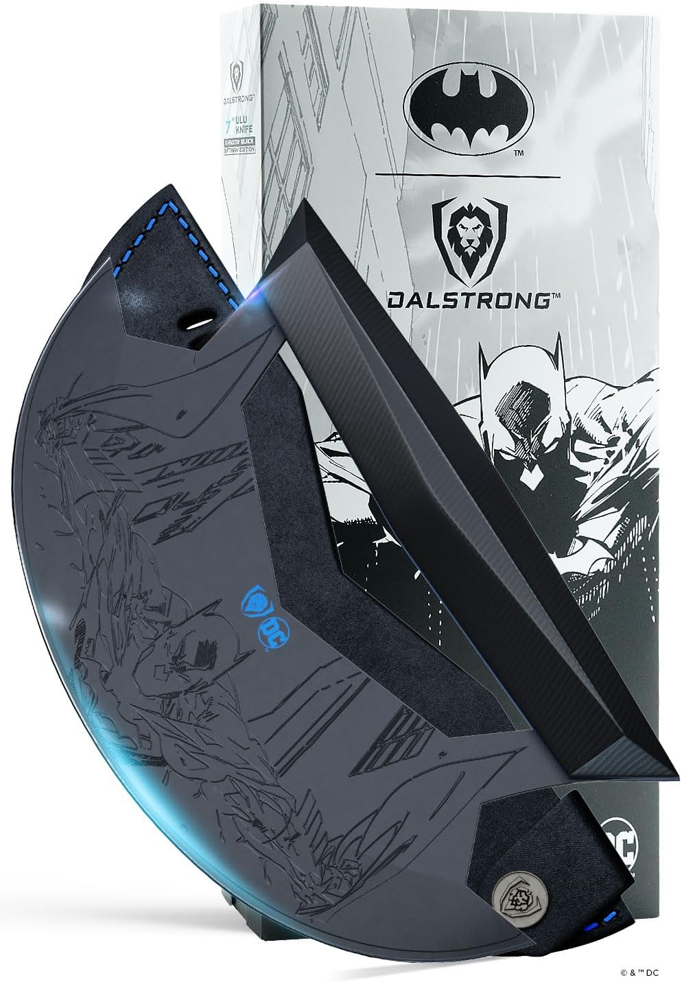 Ulu Knife - 7 inch - BATMAN™ Shadow Black Edition - High Carbon 7Cr17MoV Steel - Black Titanium Kitchen Knife - Rocking, Mincing, Slicing Meat & Herb Knife - G10 Handle - Sheath