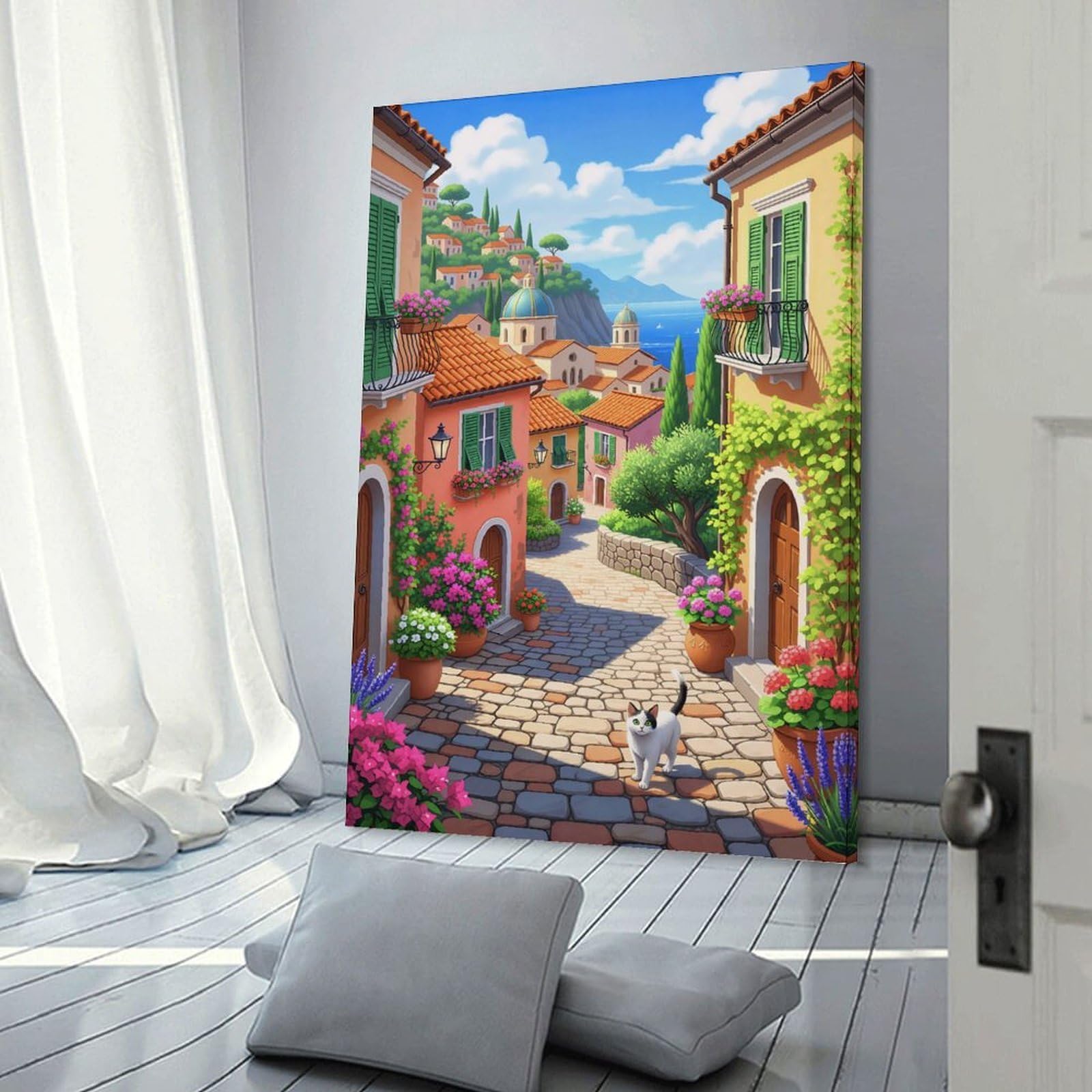 Junmoney Sunlit Stroll Cat in Italian Canvas Wall Decor, 20x30inch(50x75cm), for Art Walls, Layered Displays Or Homes, Home Wall Art for Statement Displays