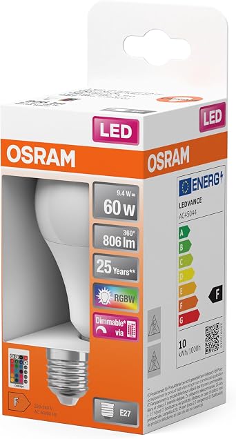 OSRAM STAR+ RGBW LED lamba E27 tabanlı, RGB renkleri uzaktan kumanda ile değiştirilebilir, 9 W, klasik ampul şekli, 60 W ampul için yedek, mat, LED retrofit RGBW lambalar uzaktan kumandalı, tek paket [Enerji Sınıfı F]