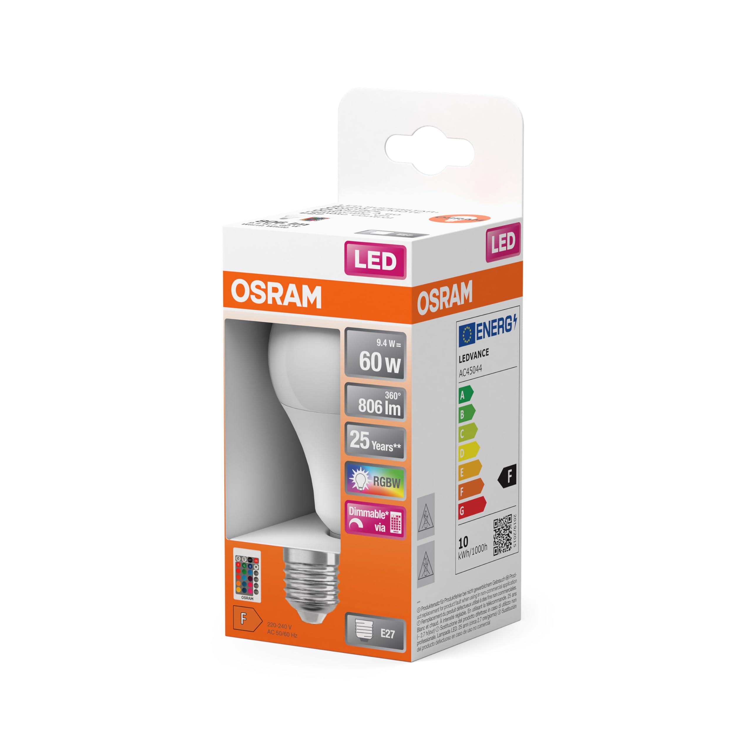 OSRAM LED lamp | Lampvoet: E27 | Warm wit | 2700 K | 9 W | mat | LED Retrofit RGBW lamps with remote control [Energie-efficiëntieklasse A ] | 4 stuks