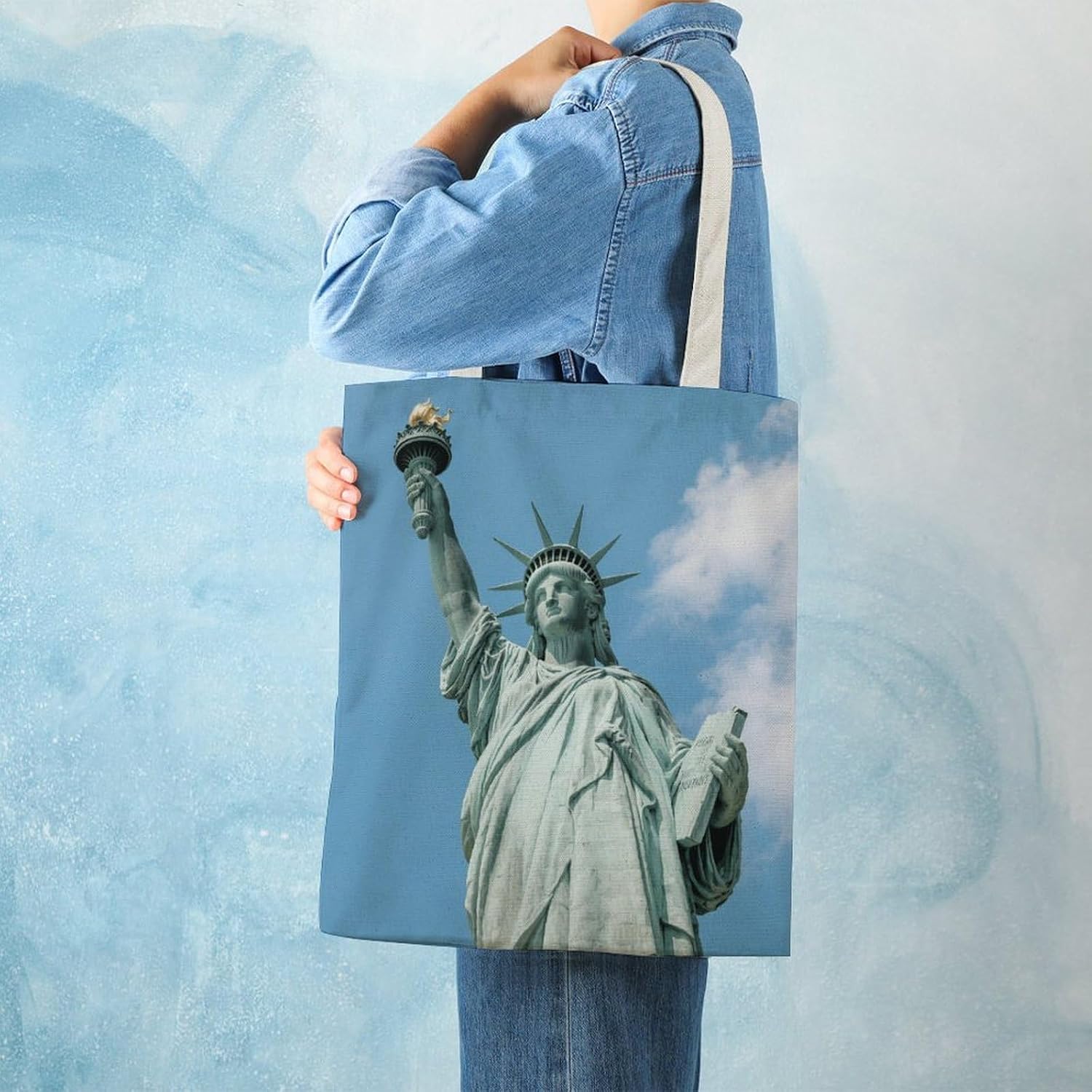 Canvas Tote Bag 16x15 In Lightweight Foldable Shoulder Hobo Purse | Statue of Liberty, Casual Tote with 10" Strap, Everyday Carryall, for Travel Work Grocery Shopping Beach Mark Gym Yoga