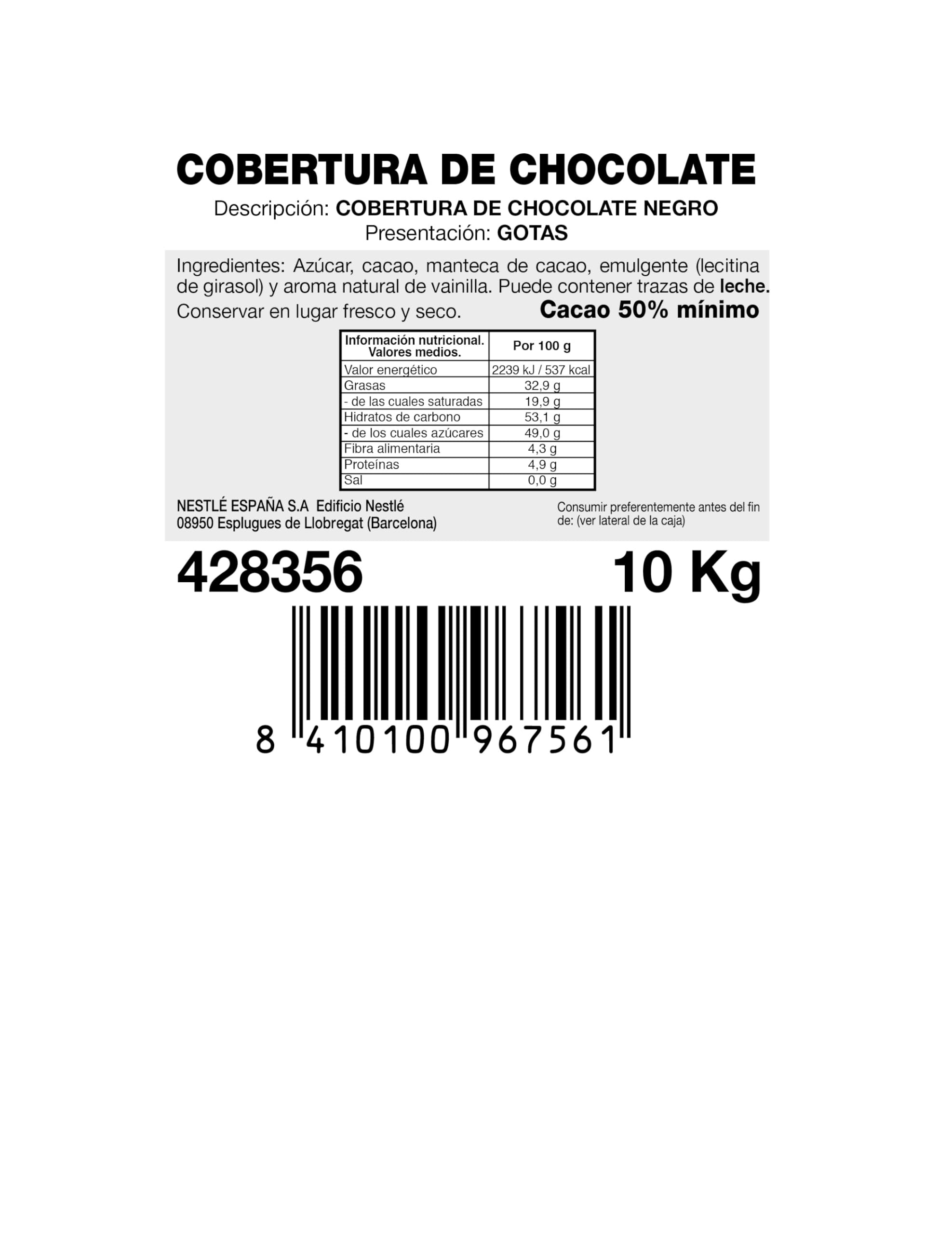 Nestlé Cobertura de Chocolate Negra - 10000 gr