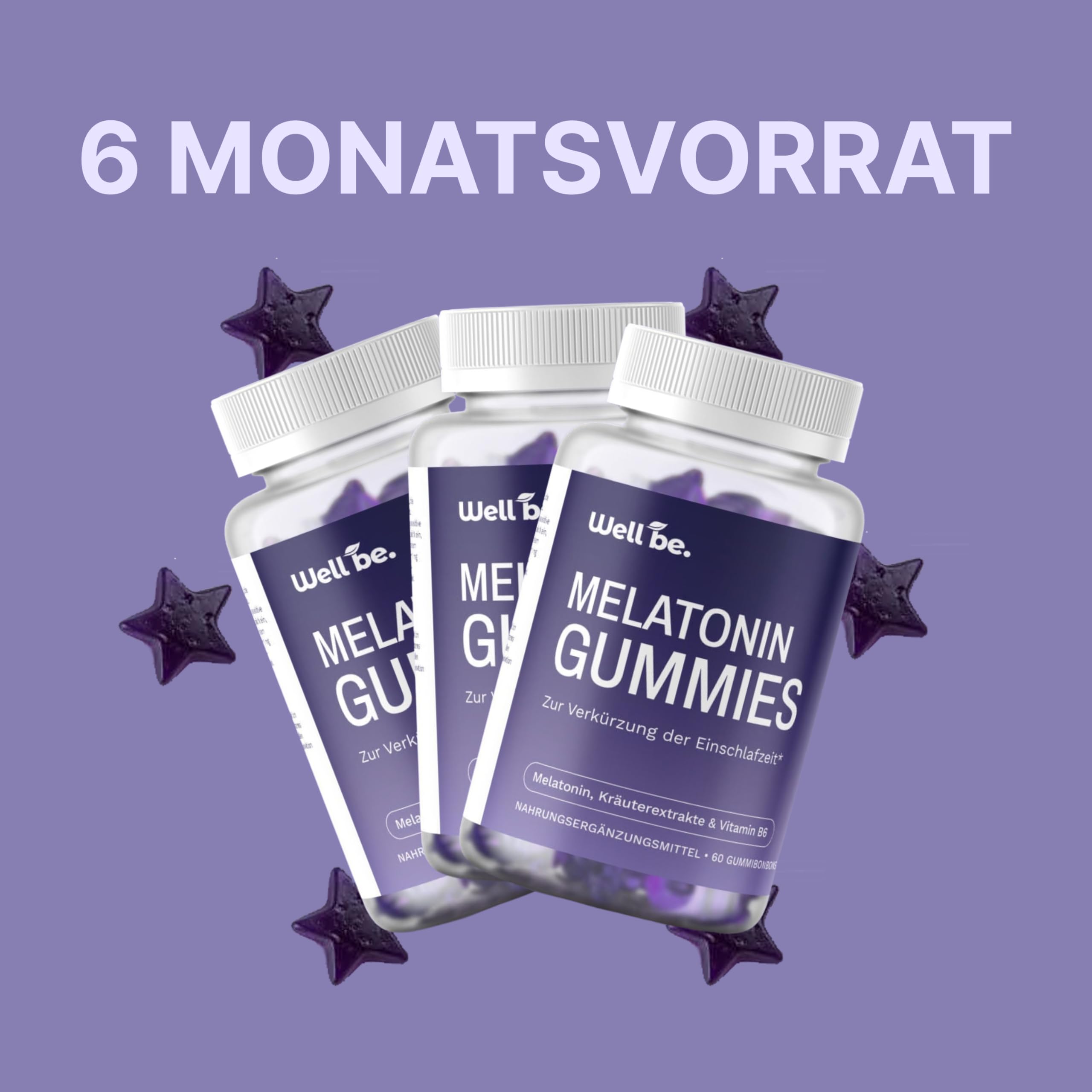 wellbe 3x60 Melatonin Gummies – mit Melisse, Hopfen & Vitamin B6 – Nahrungsergänzungsmittel für erholsamen Schlaf und innere Ruhe