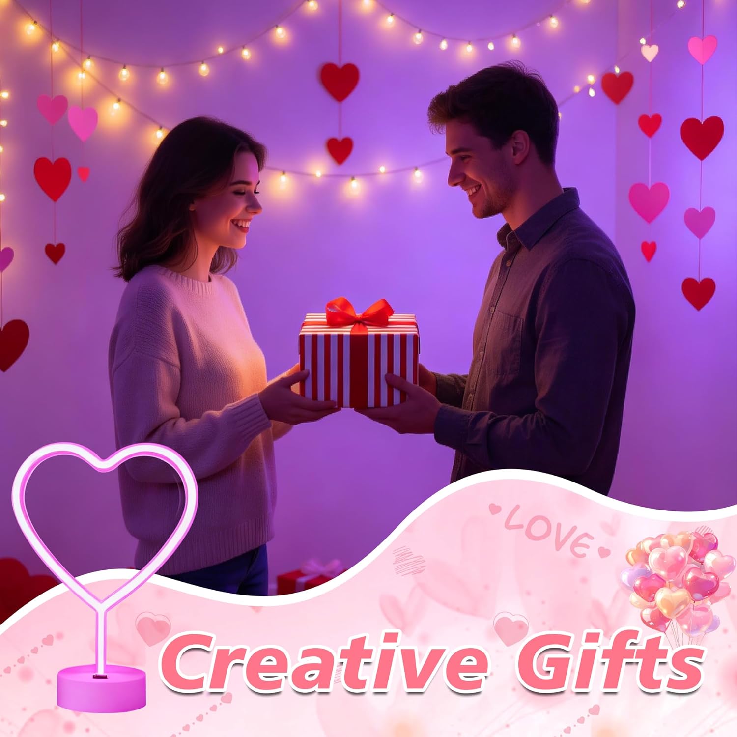 Attivolife Heart Neon Sign, Pink LED Lights for Wall Decor, Love Shaped wuth Base, USB or 3-AA Battery Powered, Girl Bedroom Table Decor for Woman Couple Wedding Party Valentine's Day Birthday Gifts