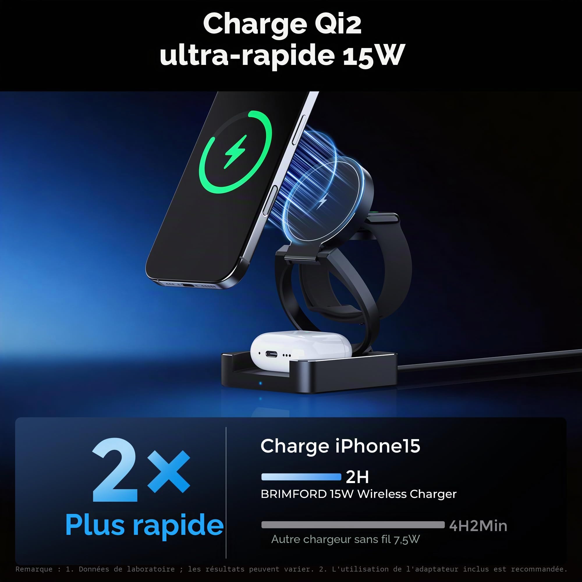 Chargeur Induction 3 en 1 Qi2 15W Magnétique en Aluminium pour iPhone 17/16/15 Pro Max, AirPods 4/3/2/Pro, Apple Watch S10/9/8, Station de Charge Rapide sans Fil pour Plusieurs Appareils