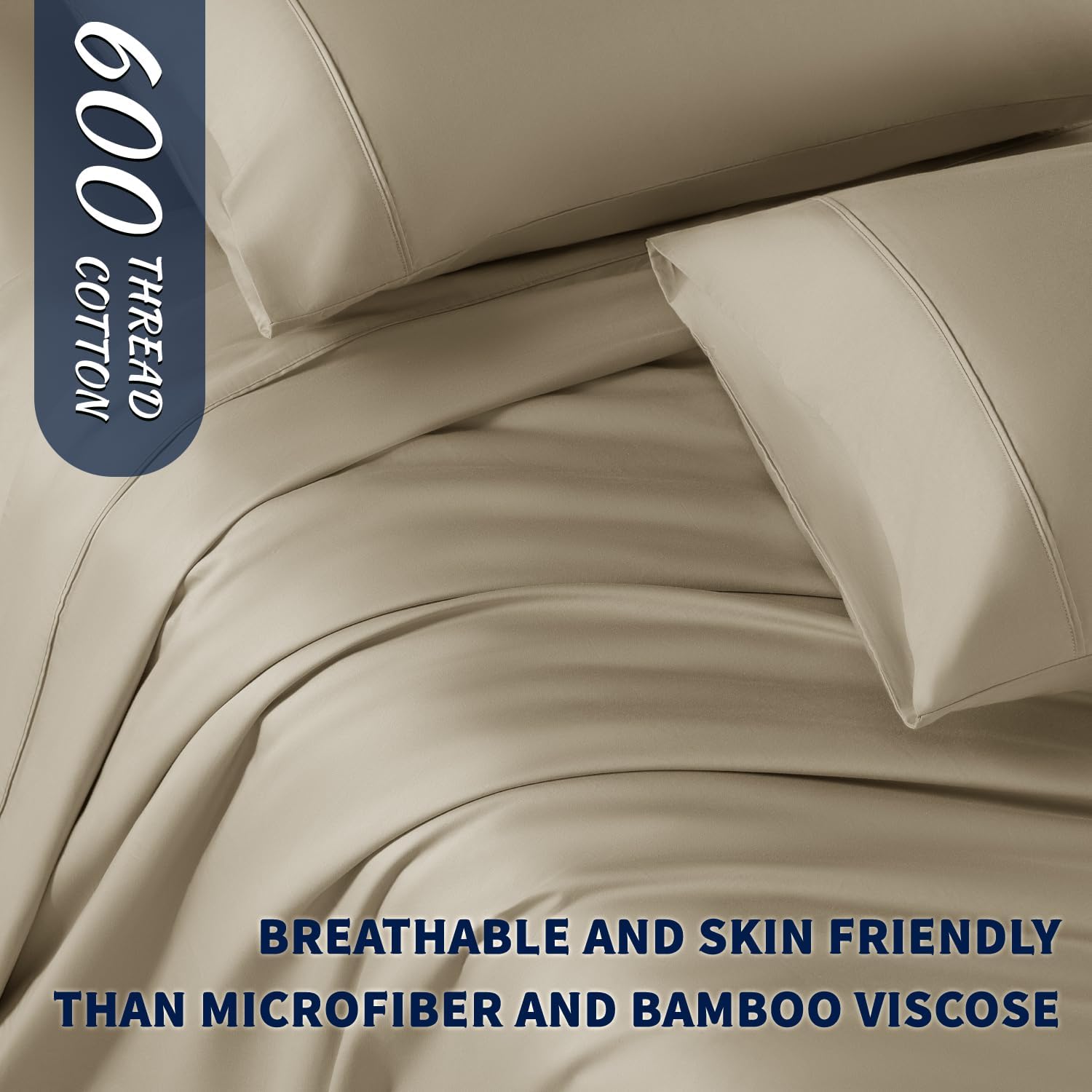 Shilucheng 100% Cotton Sheets Set - 600 Thread Count，Luxury Egyptian Cotton Bed Sheets，5-Star Hotel Quality Sheets, Breathable & Cooling, 16 Inch Deep Pocket - 4 Piece (Linen, Full) - Image 6