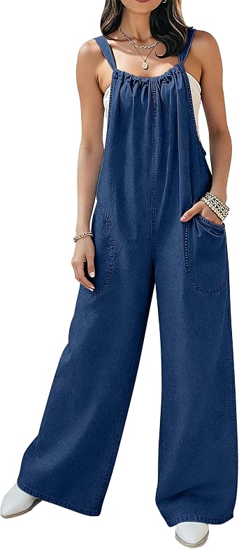 POTILI Denim Overalls for Women Jean Jumpsuit Wide Leg Adjustable Tie-Back Straps Loose Fit Baggy Jumpers Rompers