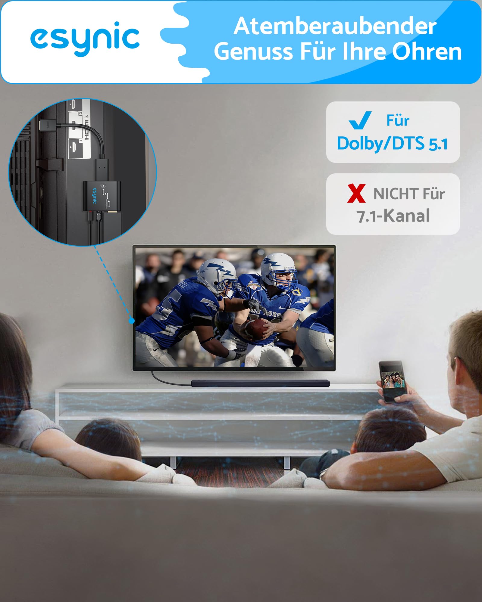 eSynic HDMI zu HDMI Audio Extractor 4K Optisch Splitter Adapter mit Optischer Audioausgang für Fire TV Stick Spezieller Fernsehkonverter 5.1 DTS Soundbar Konverter Ohne ARC/eARC Plug & Play