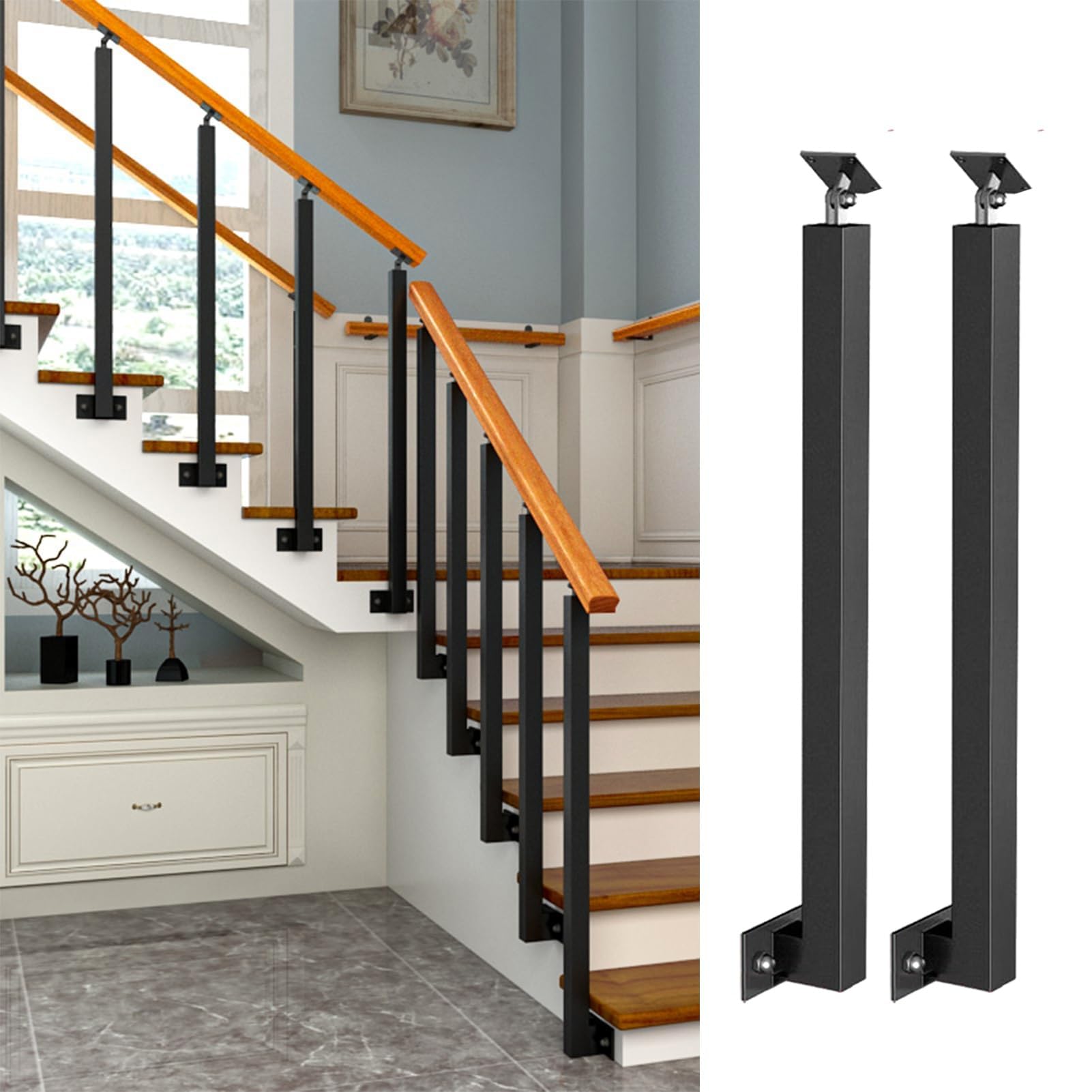 Wooden Handrails, Outdoor Stair Railing Fit 2 or 5 Steps Wood Handrail with Iron Posts(100cm,H 90cm)