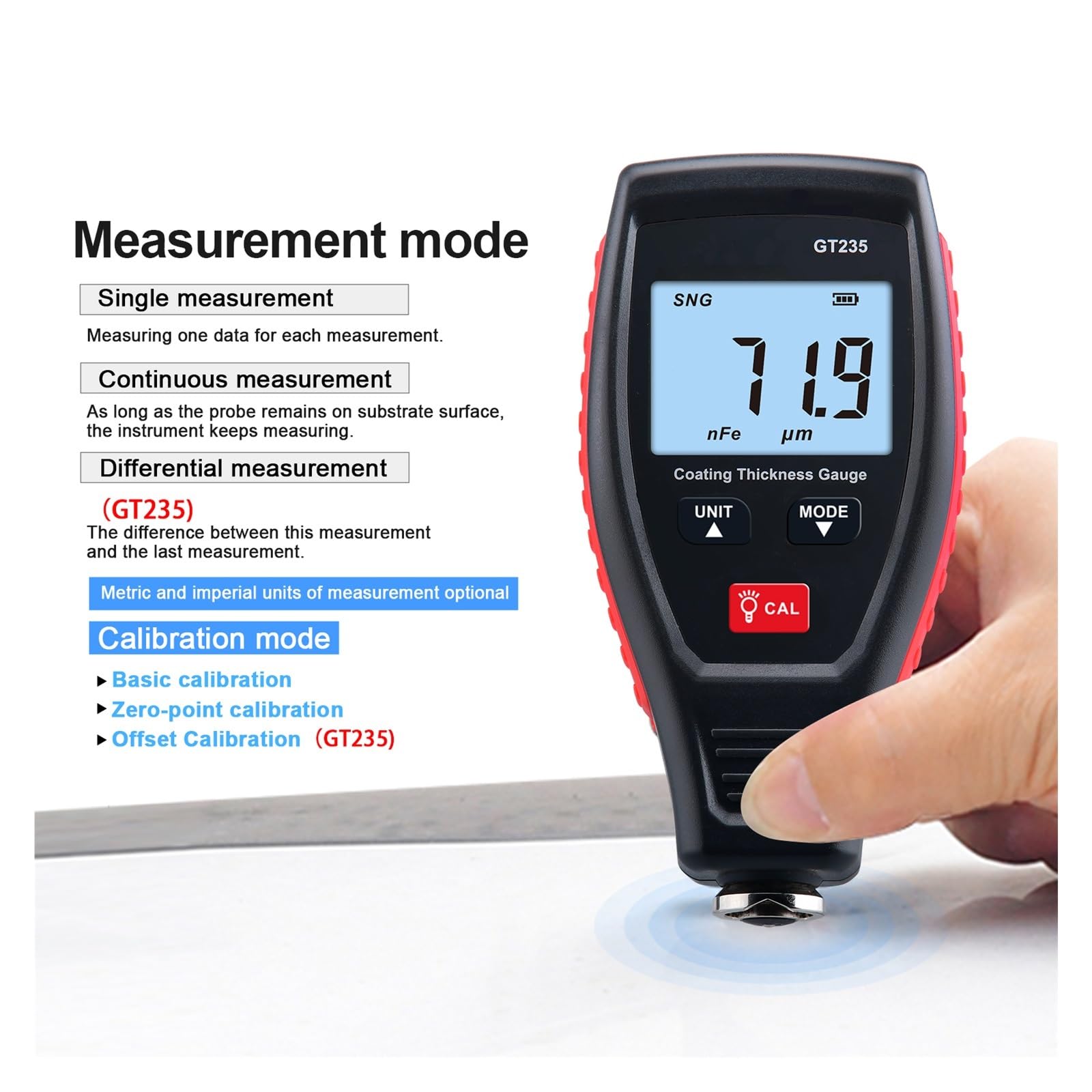 Miernik grubości lakieru, Cyfrowy miernik grubości powłoki 0.1 mikrona/0-1300/1800um FE/NFE Tester grubości powłoki lakierniczej GT235/GT230(GT230)