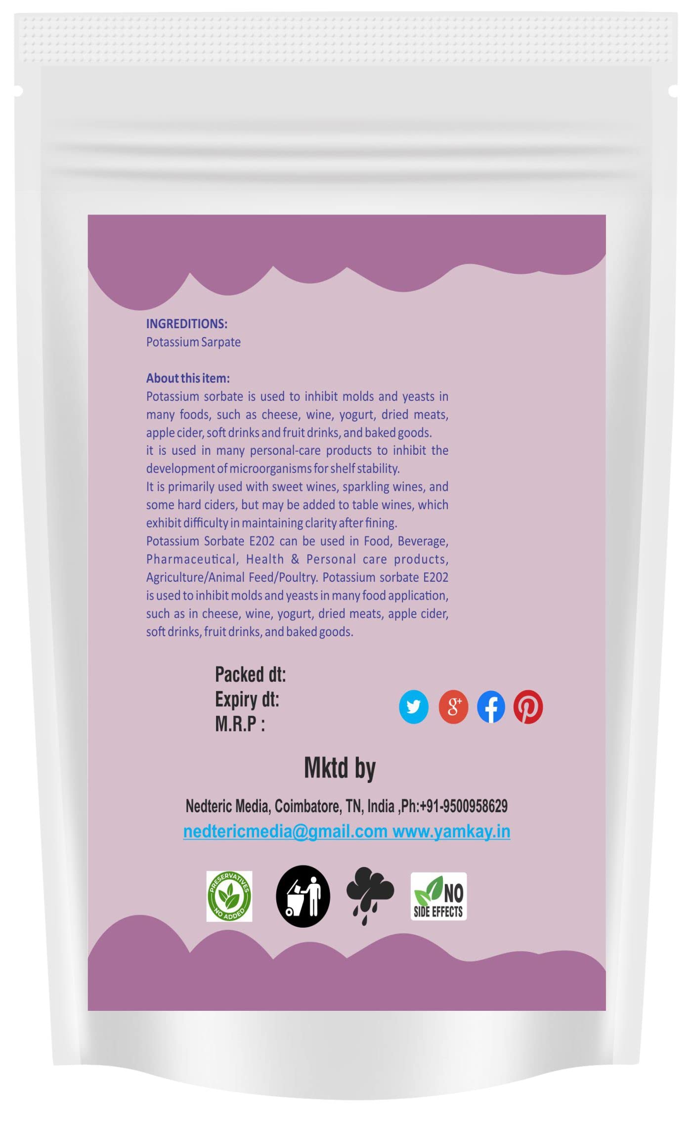 Yamkay Potassium Sorbate 250g | Food Grade Preservative (E202) | Sorbic Acid Potassium Salt | For Baking, Beverages, Cheese, Pickles | Extends Shelf Life | Non-GMO