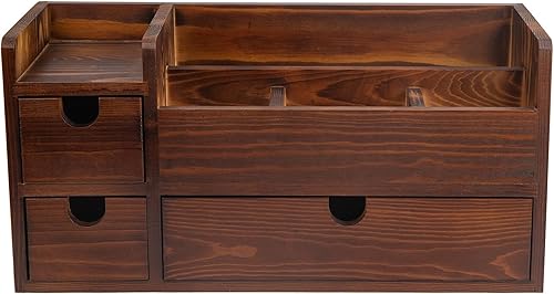 Miniatura 4 de Organizador de escritorio de madera marrón rústico, cajones extraíbles, suministros de oficina, gabinete de almacenamiento de madera con antorcha,