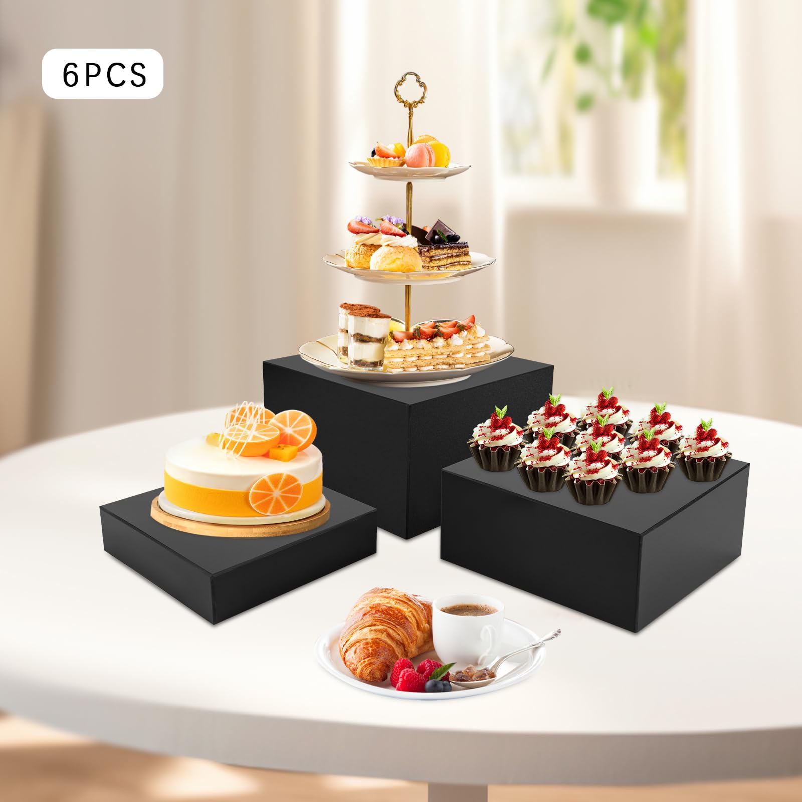 choayun 6PSC Buffet Risers, Black Cube Display Nesting Risers with Hollow Bottoms, Risers Display Stands for Buffet Table, Display Stand for Catering Dessert (8 in, 9 in, 10 in)